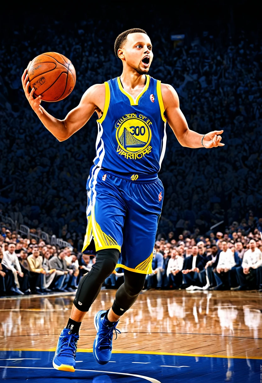 **Prompt:**

Create a high-definition, realistic sports poster of Stephen Curry from the Golden State Warriors. The design should be modern and stylish, reflecting current graphic design trends. Capture Curry in mid-action during a game, showcasing his dynamic energy and skill. Use the team's signature blue and gold color scheme with sleek, sharp lines. Include realistic details such as sweat, muscle definition, and intense facial expressions. The background should feature a roaring crowd and subtle elements of the basketball court. Ensure the poster looks like a professionally crafted piece, suitable for both print and digital display, without any text or writing.