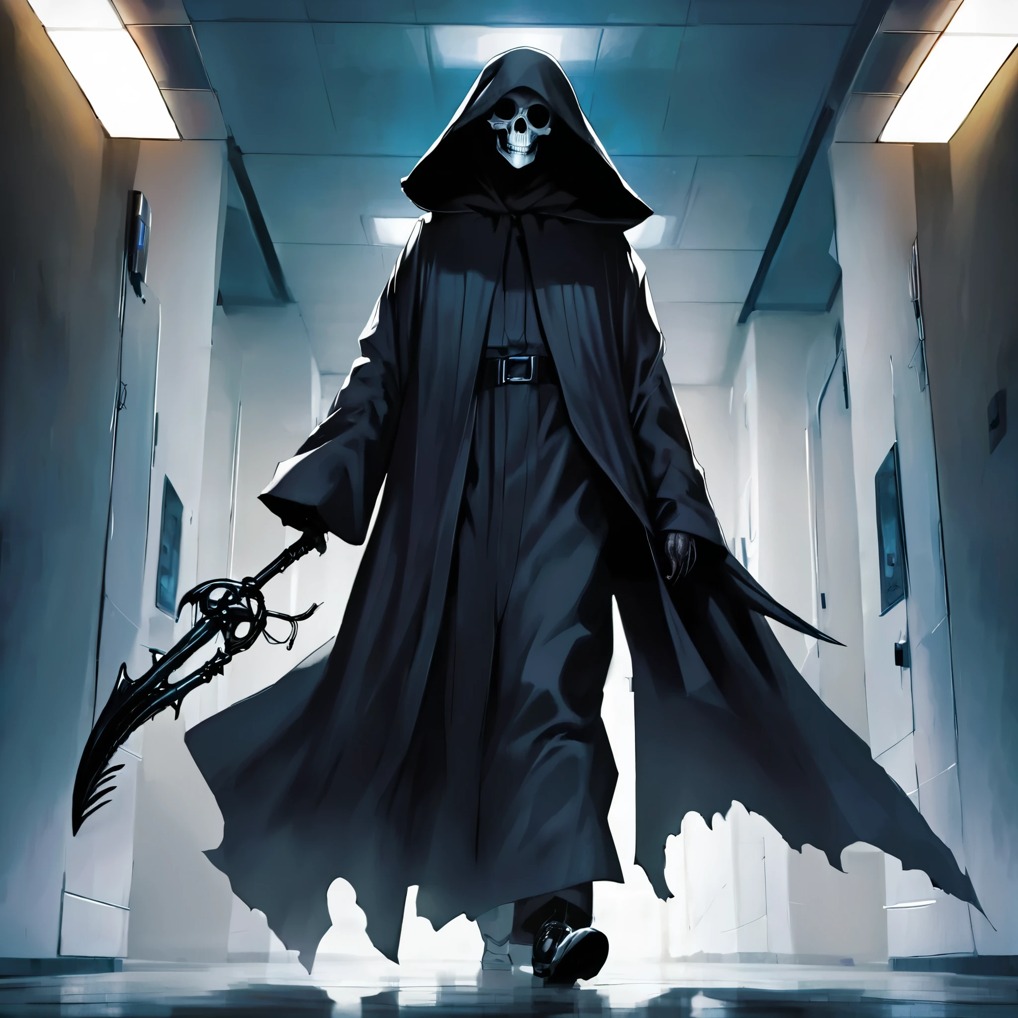(best quality,4k,8k,highres,masterpiece:1.2),ultra-detailed,(realistic,photorealistic,photo-realistic:1.37),a black grim reaper,with detailed and flowing black robes,cloaked in shadows,walks unnoticed through a busy hospital. The grim reaper is extremely tall with a skeletal frame, holding a long and sleek scythe. The reaper's face is hidden beneath a black hood, but there is a sense of darkness and mystery emanating from its presence. The hospital is bustling with activity, nurses and doctors hurrying around attending to patients. The setting is dimly lit with flickering fluorescent lights, casting eerie shadows on the walls. The air feels heavy with a sense of anticipation and fear. The grim reaper moves silently through the hallways, invisible to the living, but there is an unspoken understanding that its purpose is to guide souls to the afterlife. The scene is tinged with blue hues, giving it a somber and chilling atmosphere. The only sound that can be heard is the faint whisper of the reaper's robes, and the occasional beep from medical devices. This artwork is a fusion of horror and realism, capturing the essence of life and death in a hauntingly beautiful way.