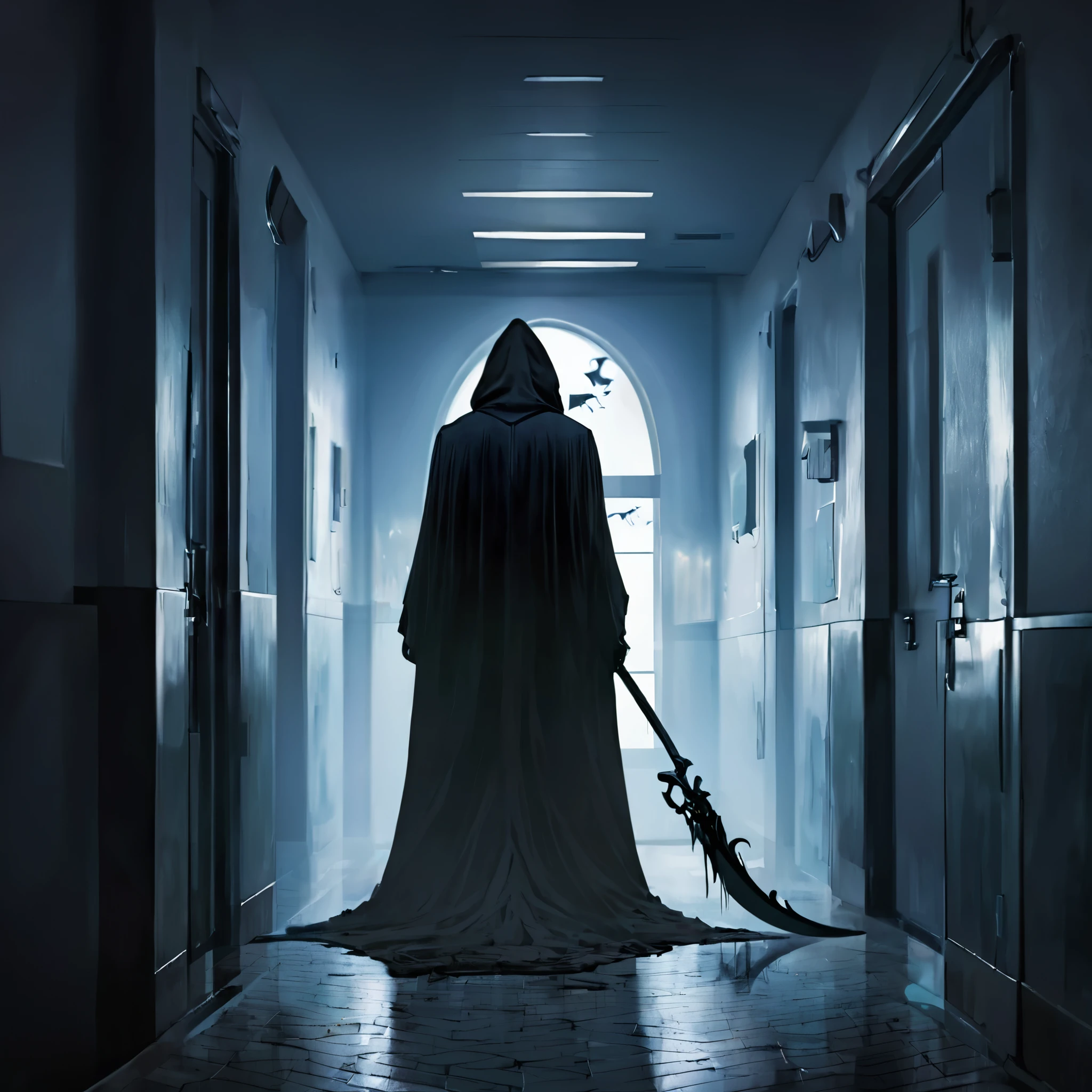 (best quality,4k,8k,highres,masterpiece:1.2),ultra-detailed,(realistic,photorealistic,photo-realistic:1.37),a black grim reaper,with detailed and flowing black robes,cloaked in shadows,walks unnoticed through a busy hospital. The grim reaper is extremely tall with a skeletal frame, holding a long and sleek scythe. The reaper's face is hidden beneath a black hood, but there is a sense of darkness and mystery emanating from its presence. The hospital is bustling with activity, nurses and doctors hurrying around attending to patients. The setting is dimly lit with flickering fluorescent lights, casting eerie shadows on the walls. The air feels heavy with a sense of anticipation and fear. The grim reaper moves silently through the hallways, invisible to the living, but there is an unspoken understanding that its purpose is to guide souls to the afterlife. The scene is tinged with blue hues, giving it a somber and chilling atmosphere. The only sound that can be heard is the faint whisper of the reaper's robes, and the occasional beep from medical devices. This artwork is a fusion of horror and realism, capturing the essence of life and death in a hauntingly beautiful way.