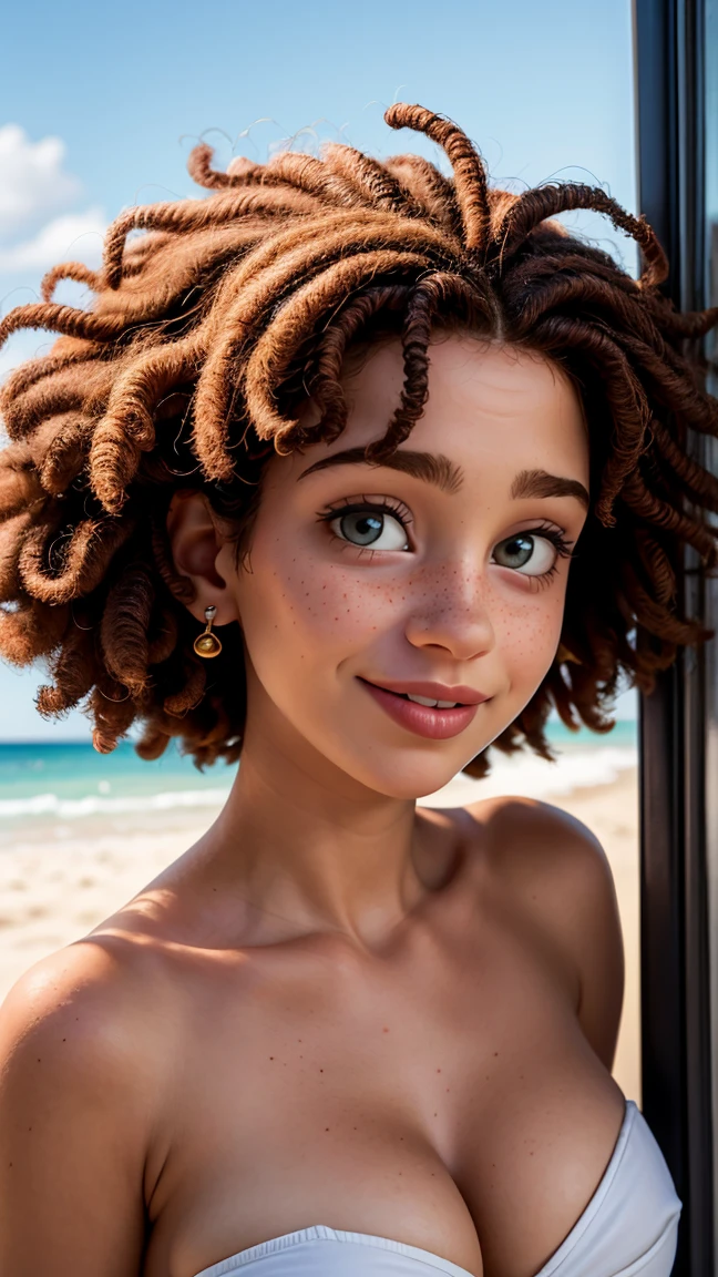 Rosto completo ultra-realista, imagem fotorrealista de corpo inteiro de uma deusa Afro-Brazilian de 29 anos com um rosto lindo, olhos castanhos profundos que cativam quem os conhece. Seus longos cabelos negros enrolados caem graciosamente, framing your face with elegance. Full lips paint a smile. Your face is adorned with one or more blemishes, adding a touch of mystery and charm. Light freckles add a fun, natural look to your appearance, dando-lhe uma aura de frescor. Your beauty is a harmonious mix of unique and captivating features, tornando-a irresistivelmente atraente.