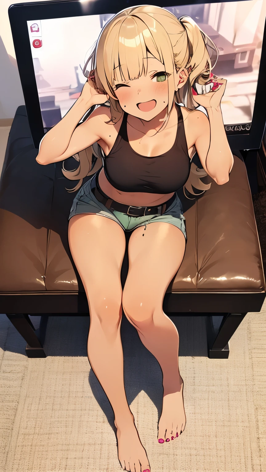 highest quality、Elementary school student bra、Beige shorts、Cute appearance、Stretch your legs in the room、Armpit sweat、Grass、Ecstasy face,(Attractive person), (girl1), (Highly detailed face, smile) , (日本のgirl), Slightly round face, (Tan brown face:1.6), cute, Big eyes、2D,highest quality,(masterpiece),(((Whole body image))),(((Head to toe on screen:1.2))),(short wavy blonde hair:1.3),Healthy brown skin,((Hot Pants are green in color)),Leather Belt,Pink-halter top,Shining bare feet,barefoot,Beautiful brown eyes,Attractive thighs,Sloppy body type,Bedroom,get drunk,Upward glance,cheeks are bright red,あざとcute,天使のようなsmile,A big smile,Close your eyes and laugh,Erotic look,Large drops of sweat all over the body,humid,Waistline、My Room、(Sleeping on your stomach:1.1),(Angle shot from directly above:1.2),Poses that accentuate the buttocks,Angle to emphasize the buttocks,The soles of your feet are dirty,Red nails on legs