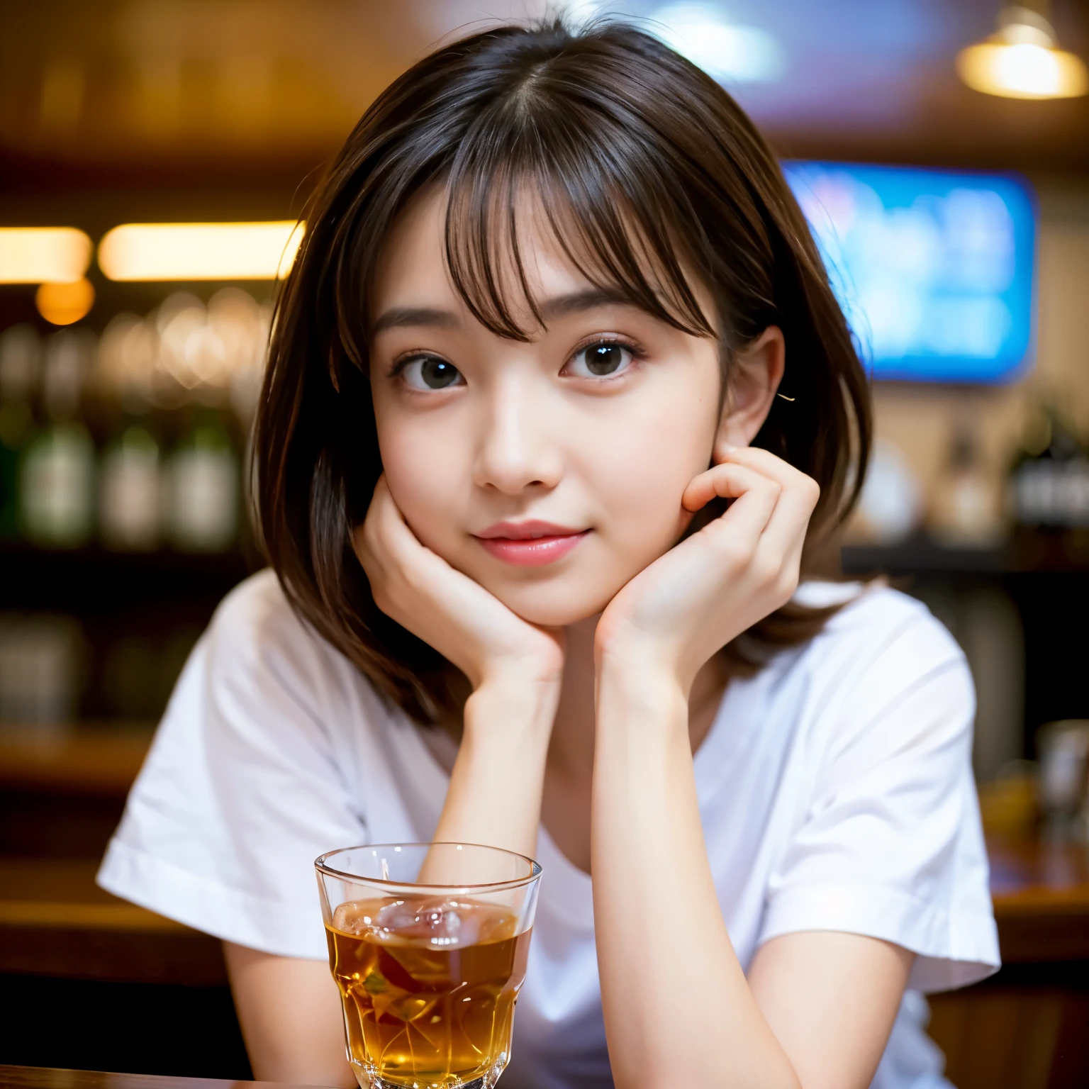 (Best-quality, Masterpiece, Ultra-High-Resolution, (Photorealistic:1.4), Raw Photo, depth of field, professional lighting, perfect anatomy, extremely details), 1girl, -yeld, thost famous Japanese idol, upper body, wearing T-shirt with cute-design, ((drink a shot of scotch in pub)), extremely cute face, ((extremely beautiful big-eyes)), extremely beautiful hair, extremely beautiful skins, extremely beautiful long-eyelashes, extremely beautiful lips, looking at viewer, innocent smile, detailed pub