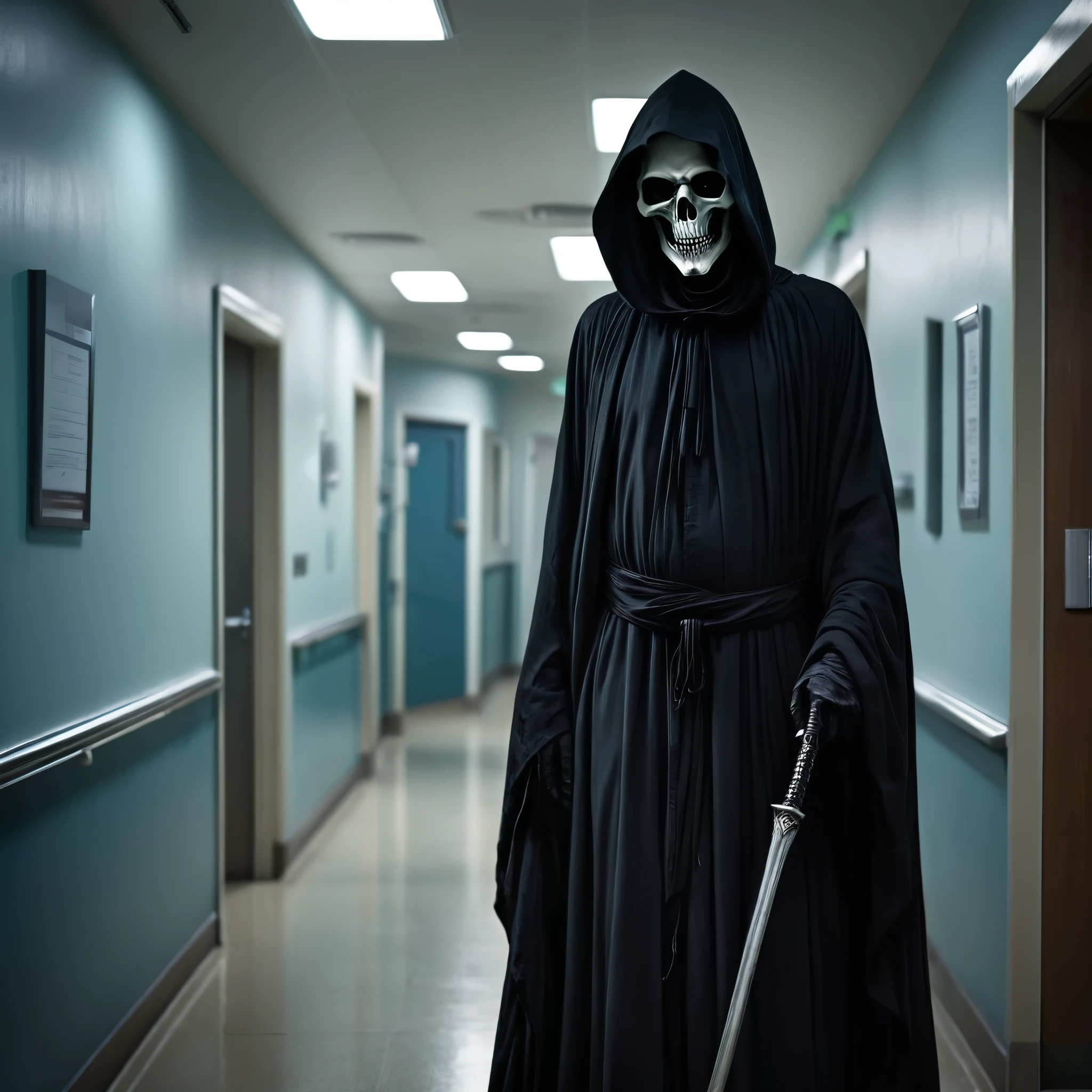 (best quality,4k,8k,highres,masterpiece:1.2),ultra-detailed,(realistic,photorealistic,photo-realistic:1.37),a black grim reaper,with detailed and flowing black robes,cloaked in shadows,walks unnoticed through a busy hospital. The grim reaper is extremely tall with a skeletal frame, holding a long and sleek scythe. The reaper's face is hidden beneath a black hood, but there is a sense of darkness and mystery emanating from its presence. The hospital is bustling with activity, nurses and doctors hurrying around attending to patients. The setting is dimly lit with flickering fluorescent lights, casting eerie shadows on the walls. The air feels heavy with a sense of anticipation and fear. The grim reaper moves silently through the hallways, invisible to the living, but there is an unspoken understanding that its purpose is to guide souls to the afterlife. The scene is tinged with blue hues, giving it a somber and chilling atmosphere. The only sound that can be heard is the faint whisper of the reaper's robes, and the occasional beep from medical devices. This artwork is a fusion of horror and realism, capturing the essence of life and death in a hauntingly beautiful way.
