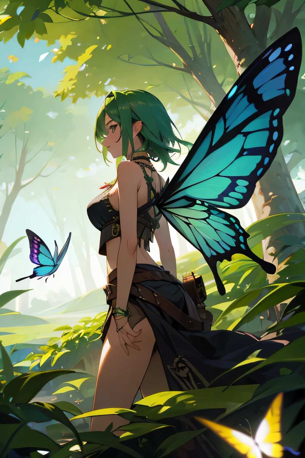 female pirate, Jack Sparrow Style, beautiful woman, Beautiful woman and cute, sexy, masterpiece, highest quality, Fairy Wings, Green hair and butterfly wings, Wings on back, Surrounded by Trees