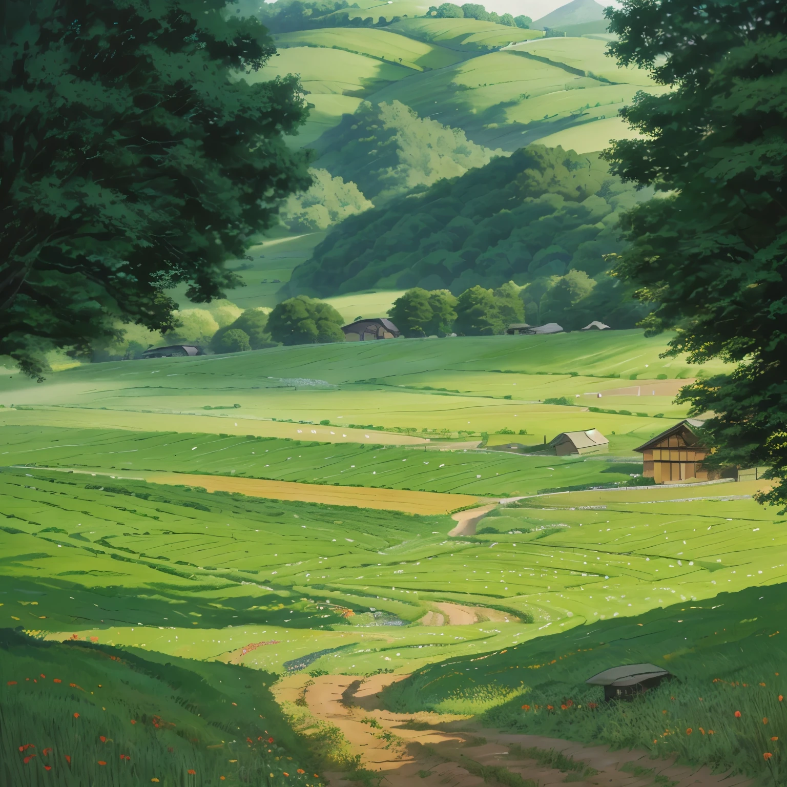 Dirt road in the field，There is a house in the distance, Rural, Rural in japan, japanese Rural, Countryside tour, korean Rural, Rural, lush Rural, nature, Rural town, green fields, lush field, verdant green fields, Lush Landscape, Lush Japanese scenery, in the Rural, i see fields of green, beautiful place, Country Road，Small river，There is a ditch beside the path