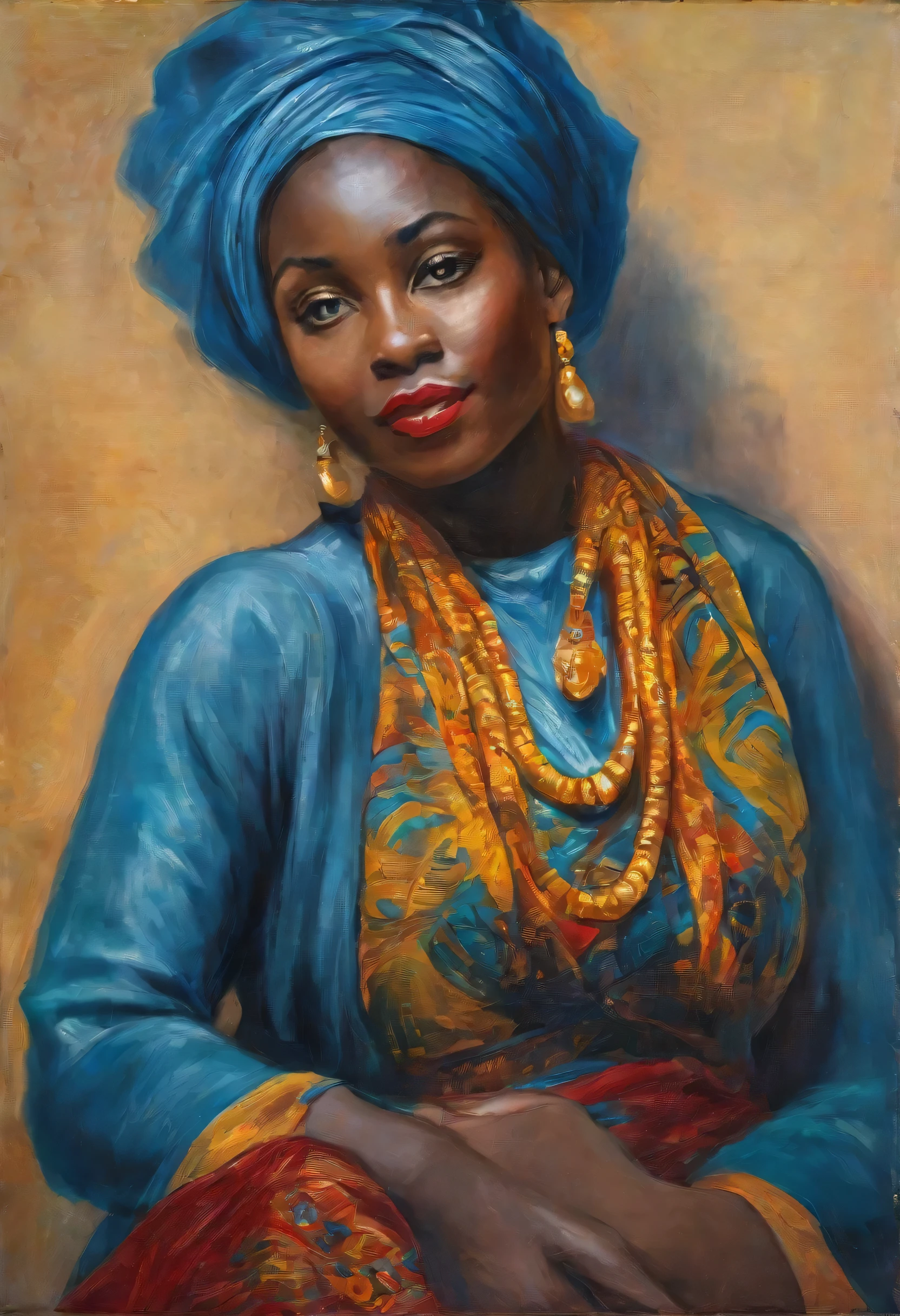 oil painting of a beautiful black woman, wearing african turban, rich red-blue-gold african clothes, with details, high definition, renoir, estilo impressionista,renoir, van gogh, monet