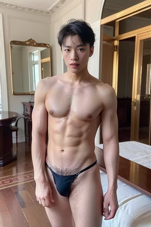 ((masterpiece)), ((best quality:1.2)), High Resolution, 8k, (ultra_realistic:1.3), (photorealistic:1.4), (instagram model, handsome:1.2), sharp focus, a portrait shot of (tedpullinbp), model pose, rich interior of a mansion, dinner gala, sexy , nsfw , eroticism , full length shot(fls) , bare thighs , ((wide hips , wide pelvis)), wearing sexy micro thong , (only male , only boy), ( extra short hair ) ,masculine boy