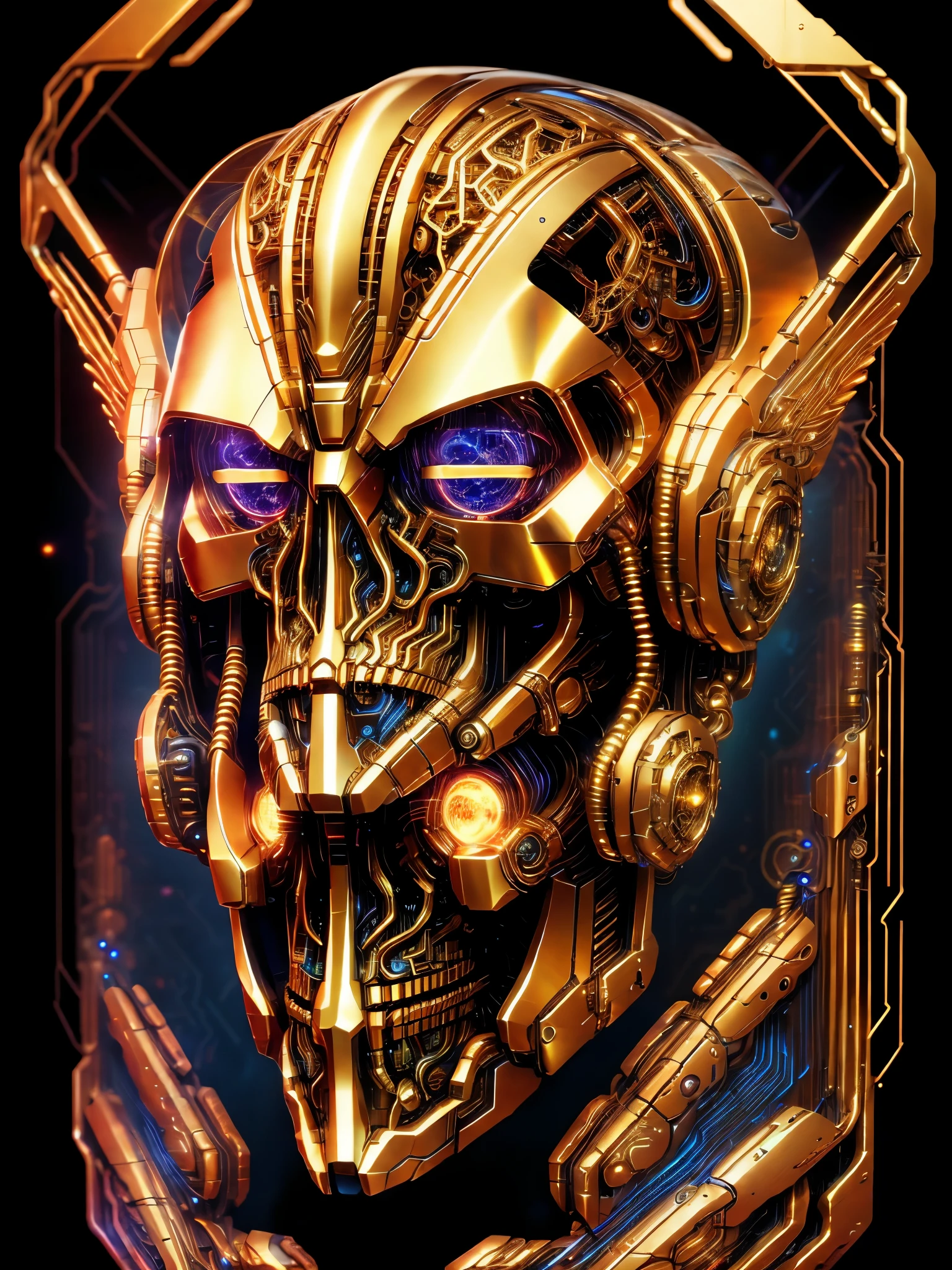 alien humanoid, artwork of a futuristic artificial intelligence superstar with frames made of detailed circuits. marvel studios concept art. artstation HQ. creative character yellow/glass gold design for cyberpunk, red fiery eyes, intricate, elegant, 8k, highly detailed, digital painting, concept art, smooth, sharp focus, league of legends concept art, 