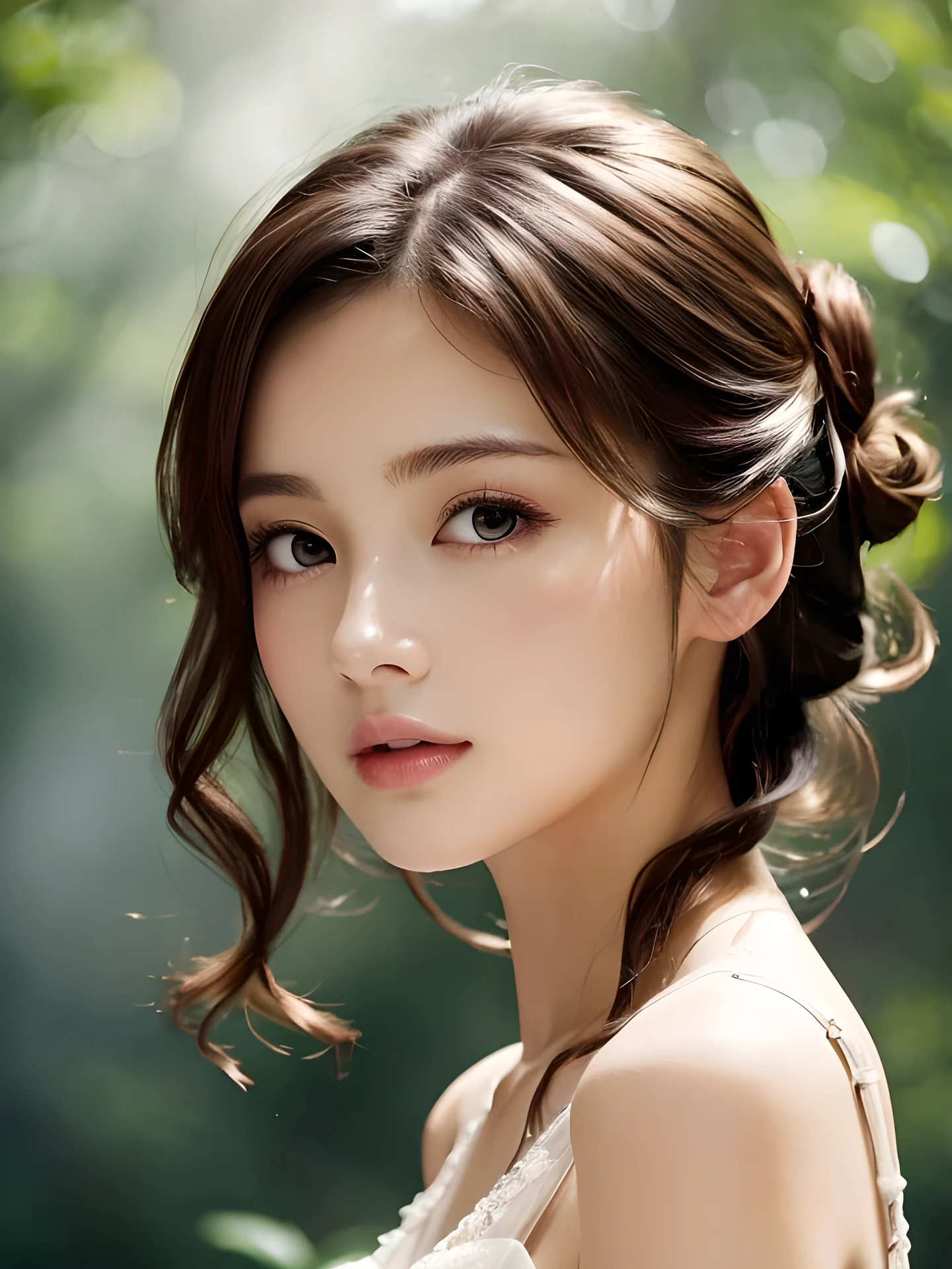 asterpiece, highest quality, High resolution, wallpaper, realistic, (bright lighting:1.4), professional lighting, face light, smooth lighting, (shoot from front:1.8), 1 girl, closeup-face, cute, sleepy, open mouth to say something, shy, Beautiful girl, gravure, sexy, super beautiful, beautiful skin, beautiful and detailed eyes、detailed face、slim、moderately, half updo, brunette colored hair, brown eyes, Professional Photography, Bokeh, Portrait, The morning sunlight shines through the misty forest path. Summer Dresses,