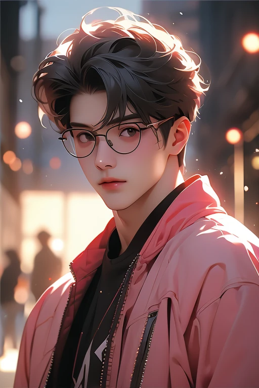 1boy, 20 years old, seductive expression, look at viewer, jacket cyberpunk style, jacket, photo, realistic, best quality, red, pink, and black, hires, detailed face, diffused lighting, glasse, depth of field, bokeh, pose model, smile, stand, white background.