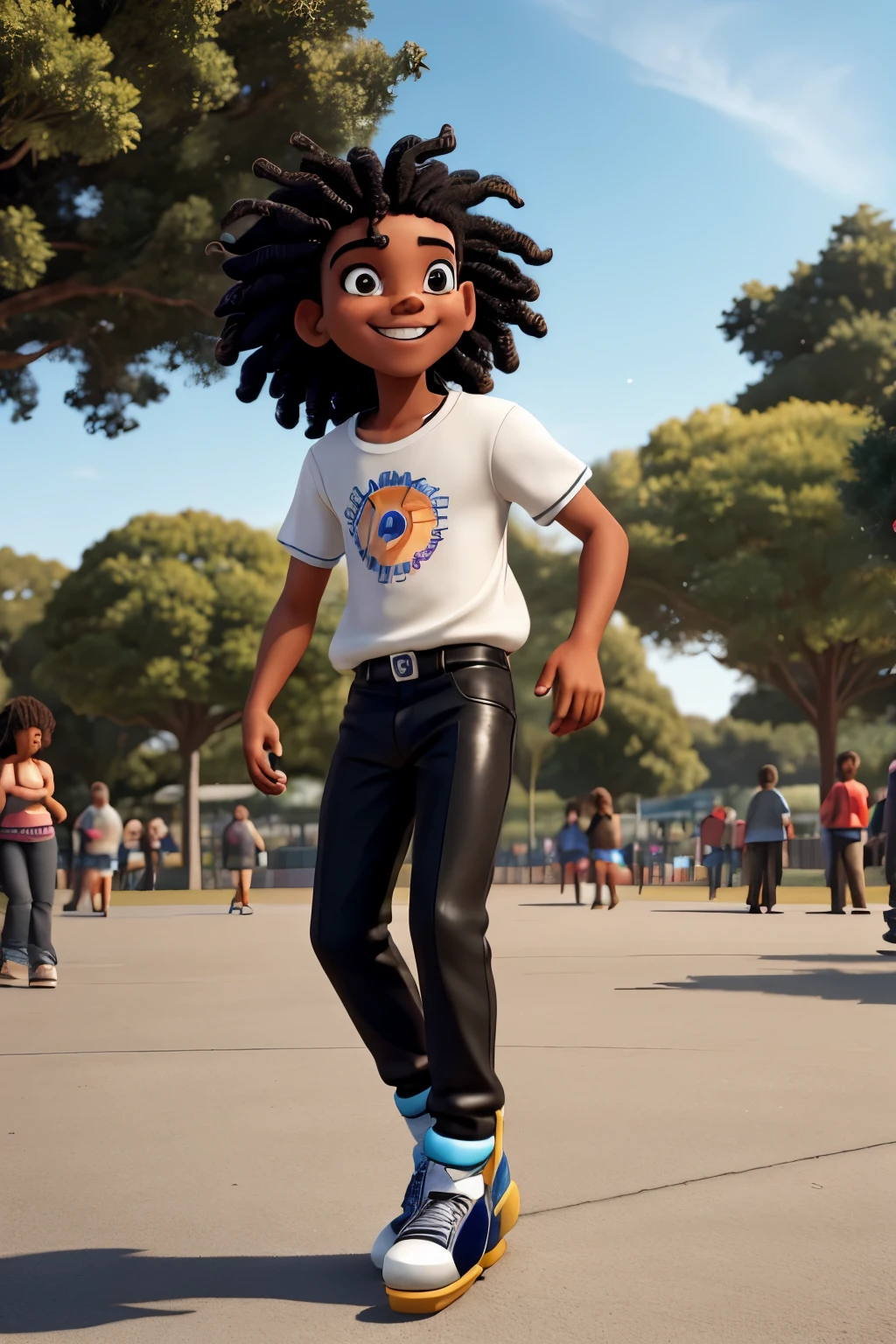 A captivating scene unfolds as Michael Jackson, adorned with black curly dreads in a vibrant cartoon style, gracefully skates at the park. His bright smile, glowing with pure white teeth, lights up the scene like a beacon of joy. The sun casts long shadows upon the worn-out park tiles, creating mesmerizing patterns around him. As he effortlessly glides on his skates, the rhythm of his movements syncs perfectly with the soft melody that seems to follow him. Time seems to slow down as he spins and twirls, transporting everyone who watches into a world of pure entertainment and delight.