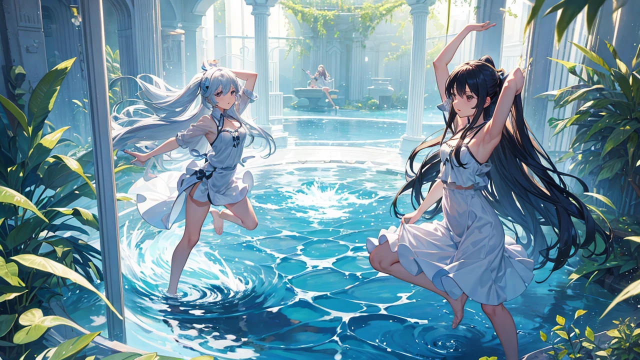 Long-haired girl dancing in a water maze