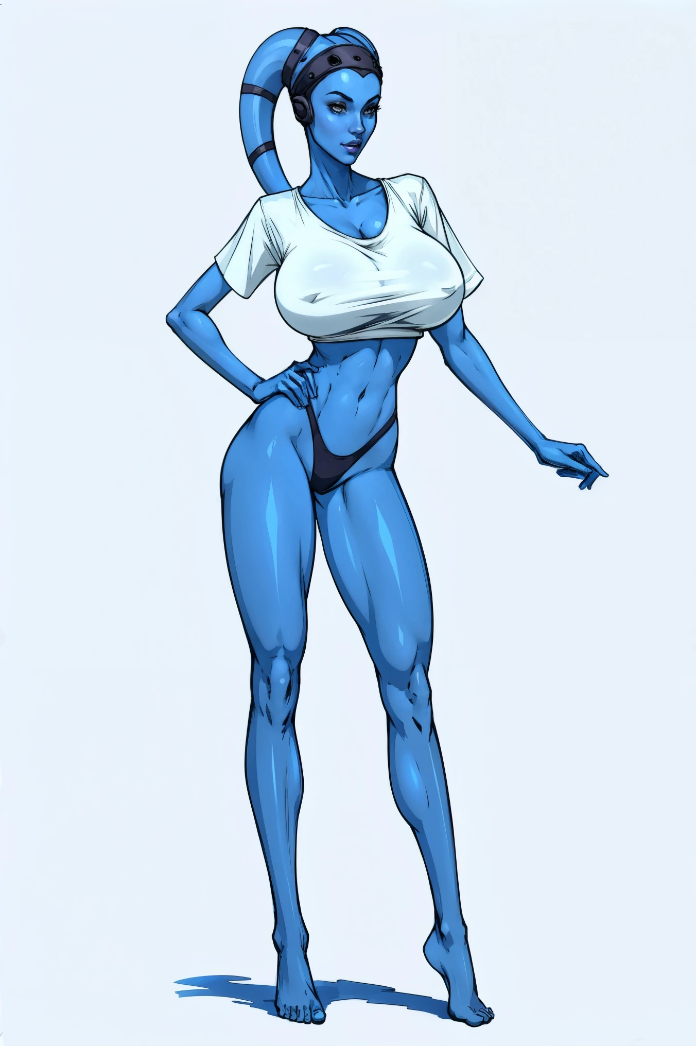 Tall, (thin), Blue Skin Twi'lek with (huge breasts) wearing an oversized t-shirt, panties, huge breasts, tall, graceful, (tall), slim hips, small waist, full-body shot