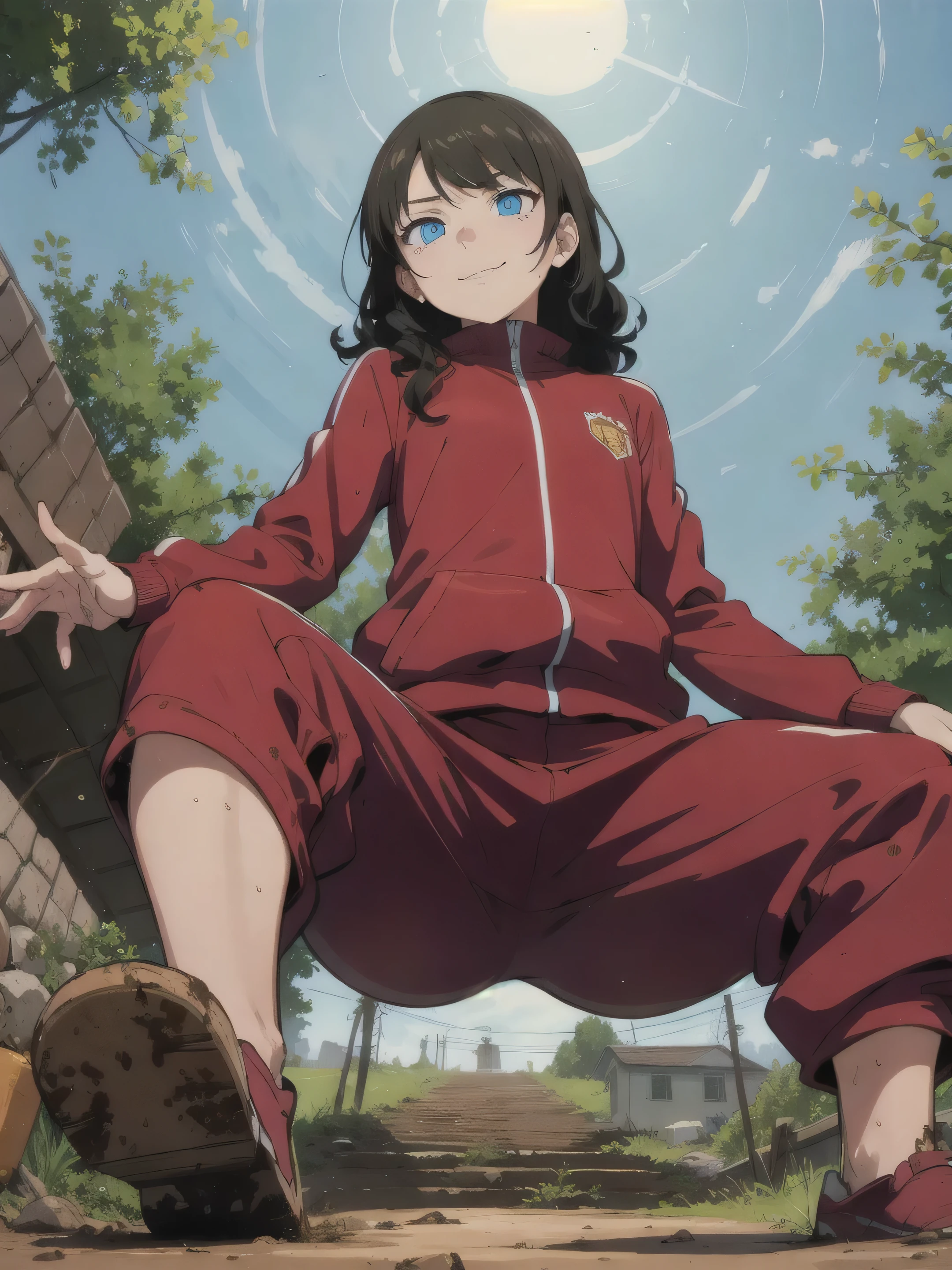 1girl, angry, curly hair, looking at viewer,(beautiful detailed blue eyes), (Persona:1.2),, spread legs,(amagi_yukiko), squatting, (over size Colorful track suit pants),(Put your hands on the ground), line off, smile, (((highlight in eyes))), (((small mat))), (((Narrow gravel road))), (thick outline), Mud road, ((Crouch on a muddy doormat)), (glowing eyes), (()), (((Turn your back))), (from below:1.8), (long weeds)