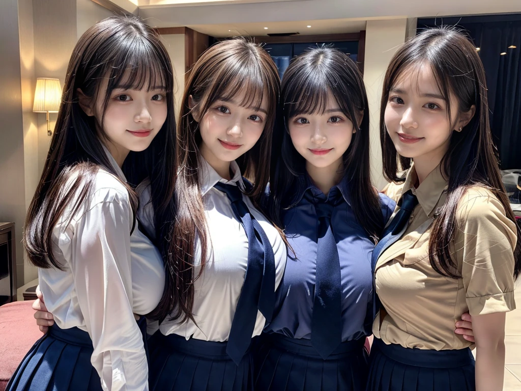 (8K, Raw photography, top-quality, masterpiece:1.2), ((3 beatiful girls))、.(Realistic Skins 1.4)、(((female high-school student、School Uniforms、)))、{{(The background is a luxury hotel room}}((School Uniforms、white Cutter shirt、darkblue pleatedskirt))、((long hair))、(A dark-haired、The forehead is hidden by bangs、)、Black eyes、shinny skin.Beautiful delicate face、Beautiful delicate eyes、{Voluptuous body shape、Thicker thighs}、One piercing in each ear、((smile:1.3)),((large breasts)), ((navy blue tie)) ,looking at camera, ((close up))
