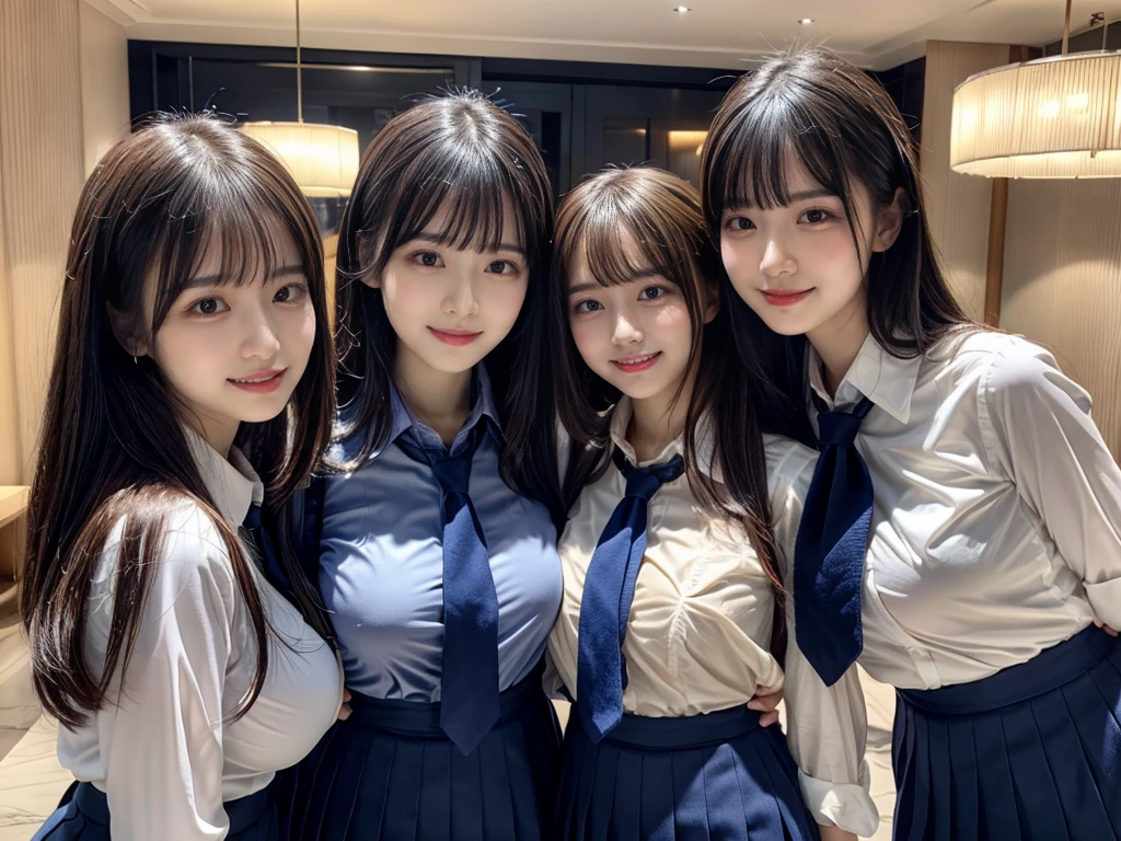 (8K, Raw photography, top-quality, ​masterpiece:1.2),  ((3 beatiful girls))、.（Realistic Skins 1.4）、（（（female high-school student、School Uniforms、）））、{{‎(The background is a luxury hotel room}}（（School Uniforms、white Cutter shirt、darkblue pleatedskirt))、（(long hair)）、（A dark-haired、The forehead is hidden by bangs、）、Black eyes、shinny skin.Beautiful delicate face、Beautiful delicate eyes、｛Voluptuous body shape、Thicker thighs｝、One piercing in each ear、((smile:1.3)),((large breasts)), ((navy blue tie)) ,looking at camera, ((close up))