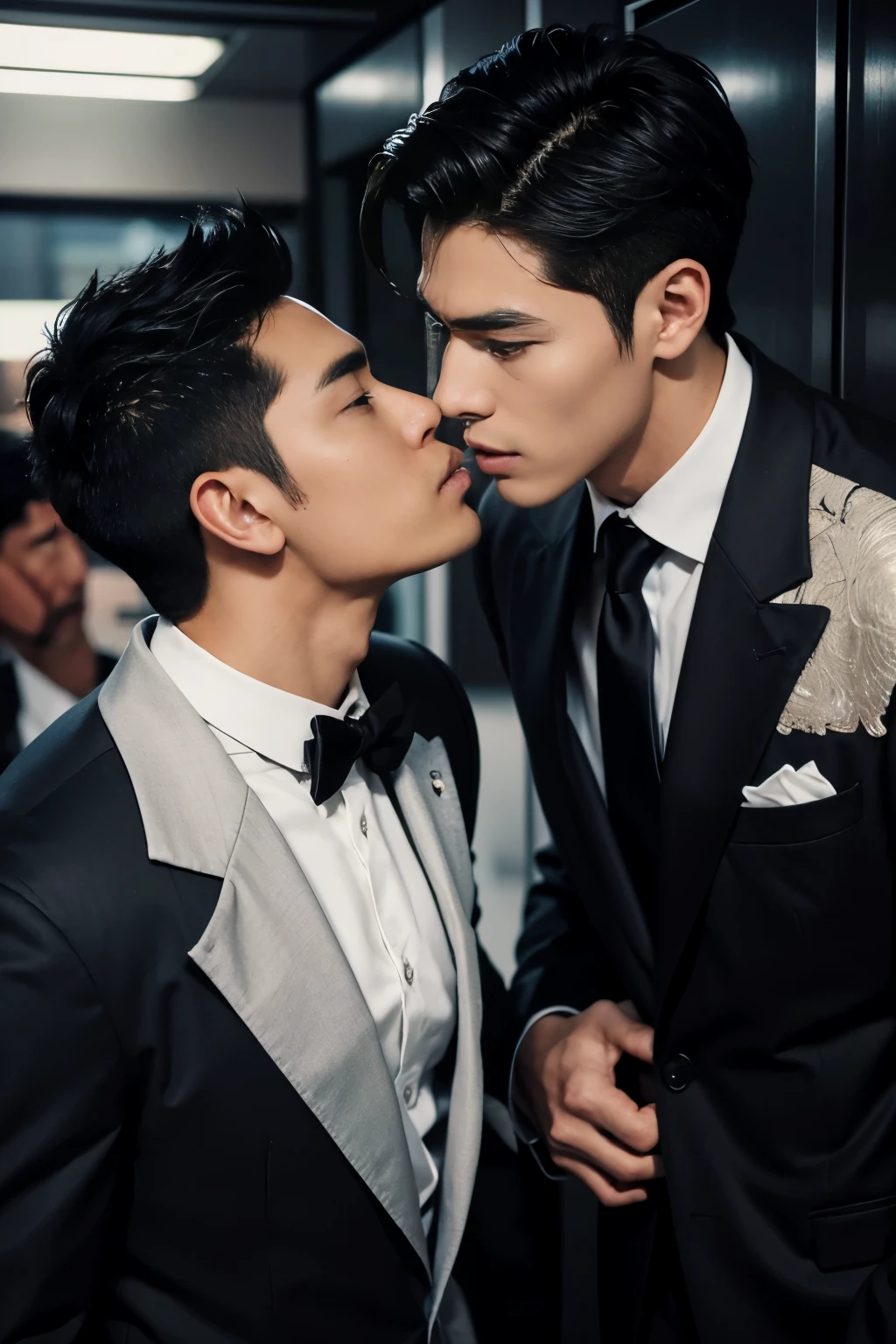 two men, two males, hyper realistic image of extremely handsome 30 year old filipino man, mature features, wearing a fancy suit, kissing a handsome 30 year old muscular filipino man wearing a fitted black suit, in an enclosed elevator, sex from behind, standing sex, perfect face, front view, full body, fill frame, zoomed out, highly detailed, intricate details, sharp focus