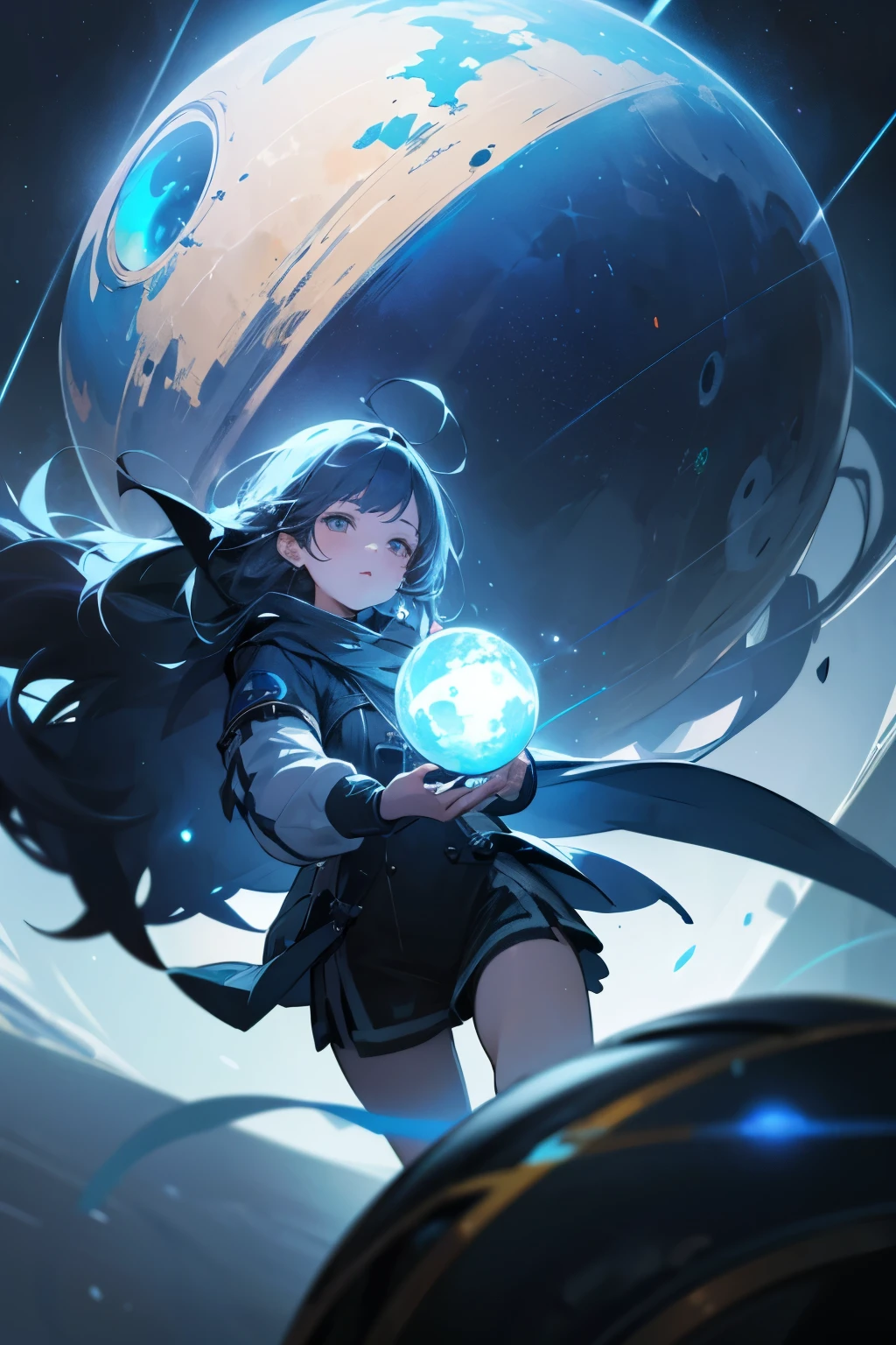 extremely detailed CG unity 8k wallpaper, object,Starry sky,,A girl holds a mechanical ball in her hand,The ball emits blue light,Facing the camera,Front view,Black mist emanated from the girl's surroundings