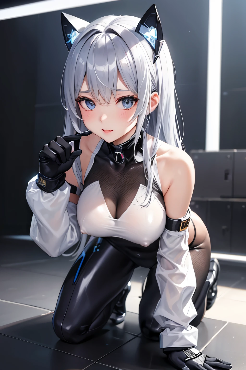 (((highest quality、first-clasasterpiece、Normal body、8k、Detailed face、Ultra-precision、Normal hand、Normal finger、5Finger、)))Girl on all fours、Bright silver hair、Shortcuts、A tight and risqué cyber suit、Thin leotard cyber suit、Revealing cybersuit、See-through high-leg cyber suit、Cybersuit reveals cleavage and midriff、Nipples勃起、Nipples、blush、I'm embarrassed and trembling、Watery eye、On all fours、Order、Absolute Obedience、Obedience、Soaked Cybersuit、Soaked with water、Wet and see-through、Masochist girl、being somewhat excited、In heat、shortness of breath、White Breath、Lustful eyes、Open your mouth、Sticking out tongue、Saliva、口を開けて舌を出してSalivaを垂らしている、Acme Face、Ahegao、Order、Get on all fours、On all fours、put both hands on the ground、slave、first round、slaveのfirst round、リード付きfirst round、first roundを付ける、first roundのリードを引っ張る、Delighted