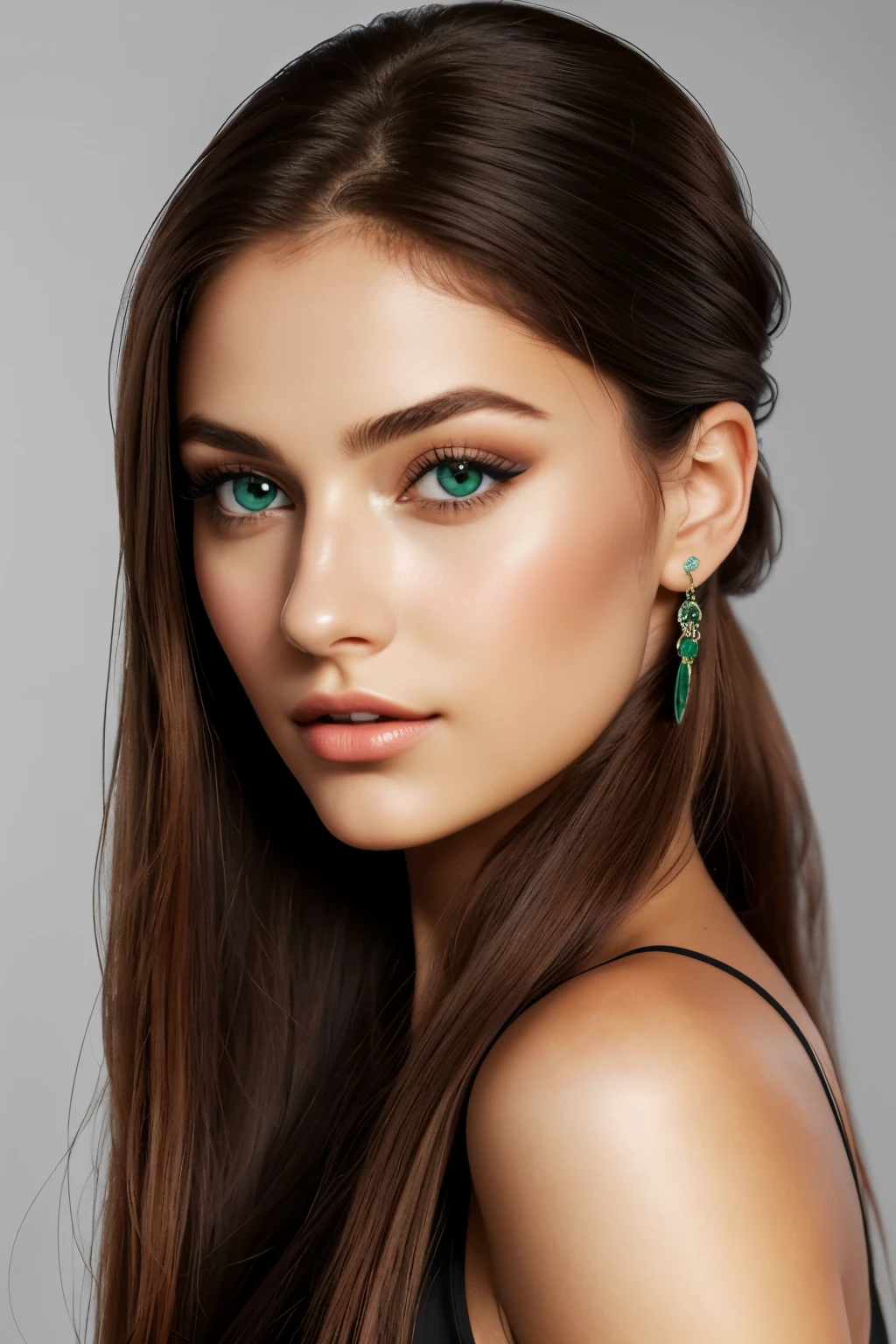 Photo of a European woman, photorealistic and of ultra-high quality, showcases her stunningly beautiful face with its delicate features and natural complexion. Her medium red balayage hair, cascading down in long, straight strands, is styled in a messy ponytail that accentuates her youthful charm. With captivating green eyes and a captivating expression, she exudes an aura of mystery and allure.
Sporting an ultra-contrast look, her skin radiates a warm, sun-kissed glow, perfectly complementing the dark, sultry smoky eye shadow that frames her mesmerizing eyes. The most beautiful girl in the image,