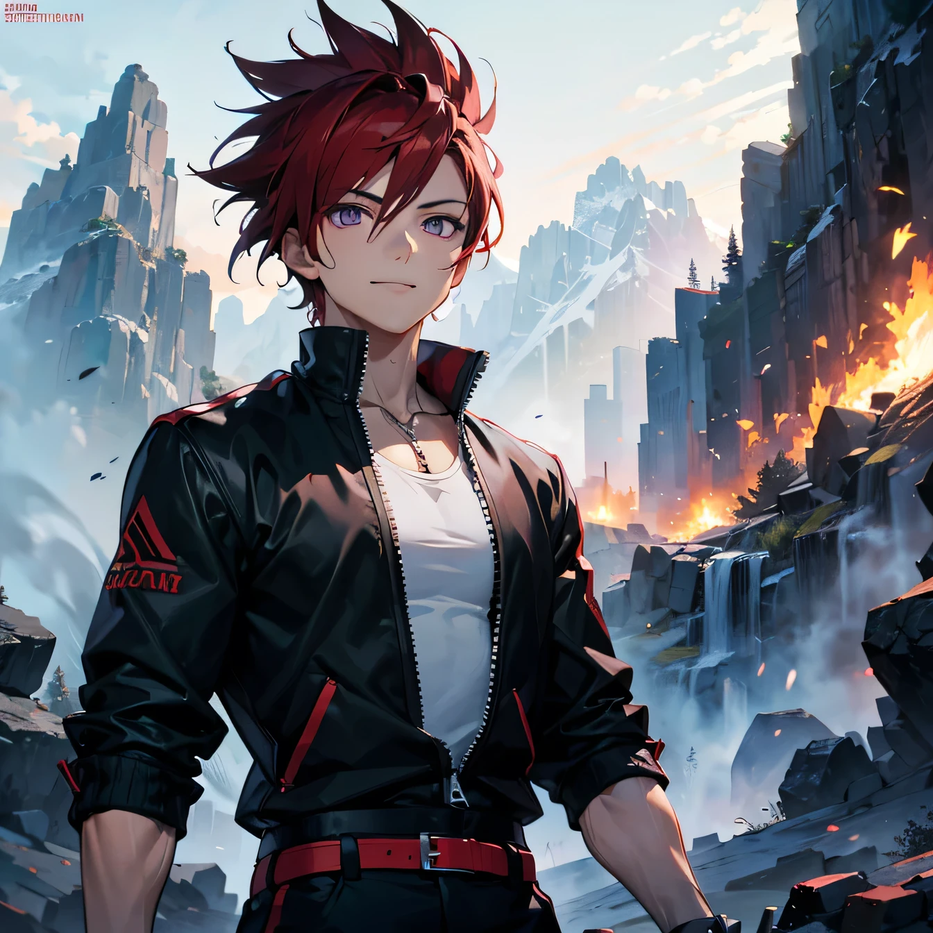 Anime art style,highest quality,High resolution,Anatomically correct,One Man,Twenty generations,Dark red hair,Purple Eyes,Super detailed,Fantasy worldview,Focus on the upper body,Spiky Hair,Spiked Hair,Strong physique,Short black jacket,Plain red tank top,Black trousers,wild atmosphere,Confident々Smile,Mountainous Regions,Wushu stance,8K