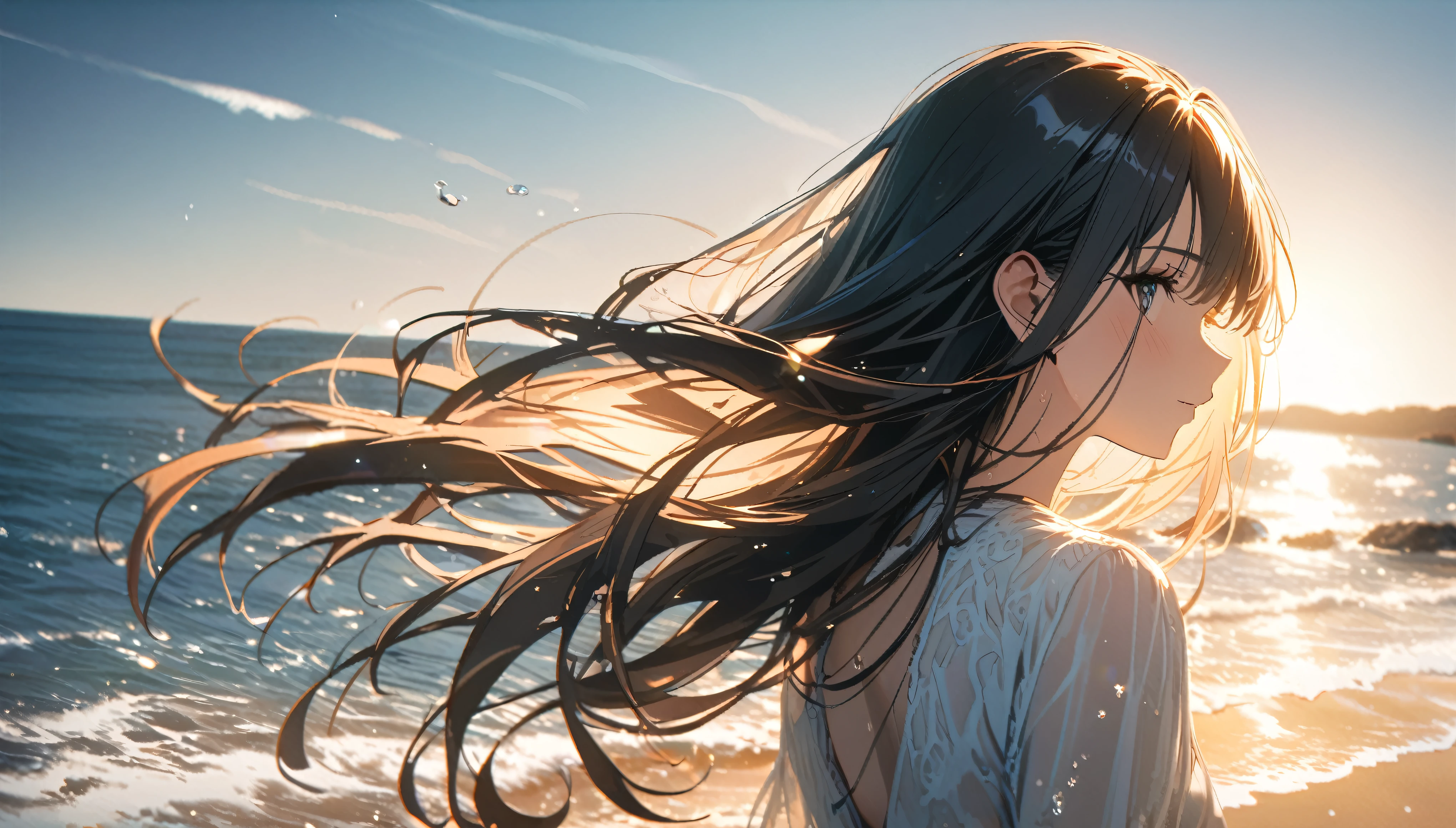 Angelic, 1girl, black long straight hair, sharp hair, facial profile, looking back, , on the beach, splash of water, lens flare, noon, bright, natural color, high-res, super delicate, ultra detailed, 8k