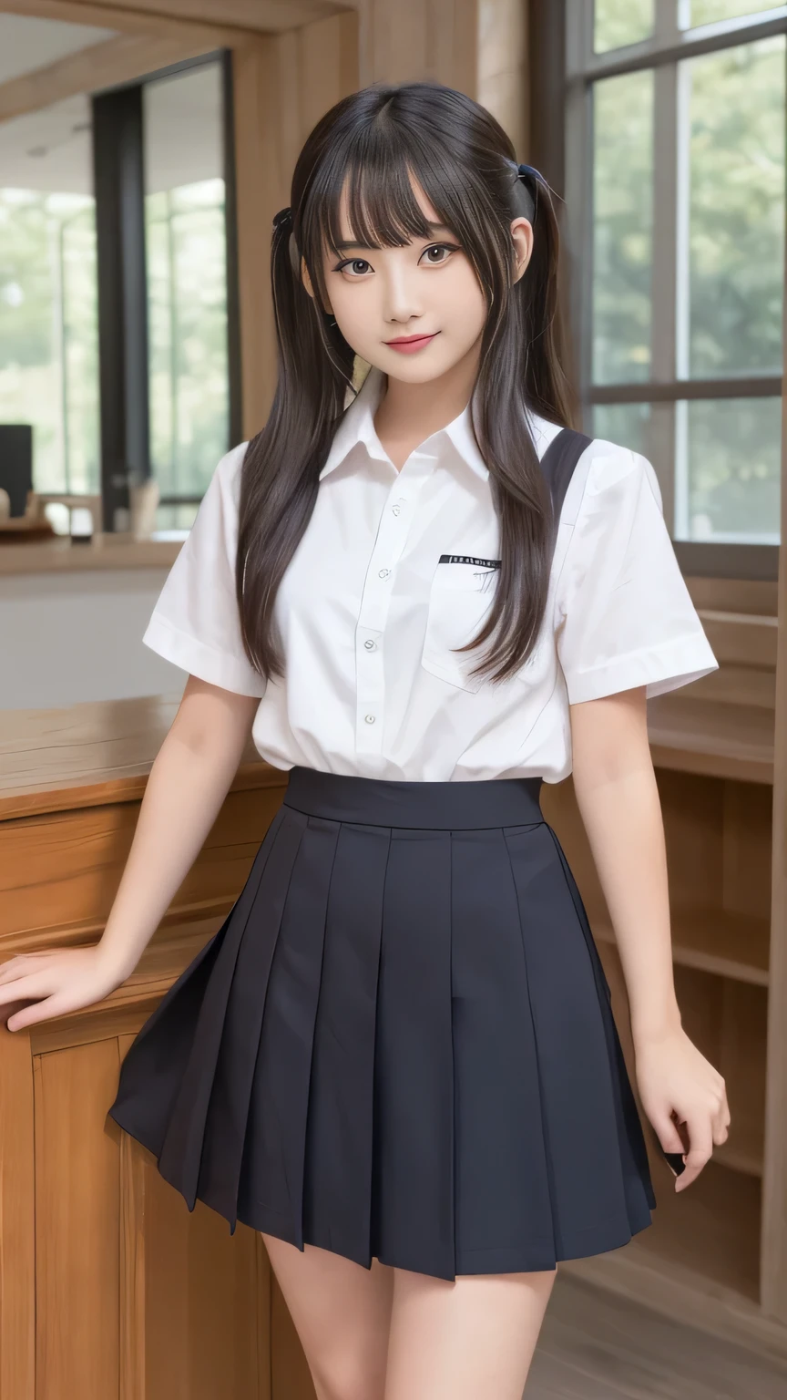 Tabletop, highest quality,  (beautiful girl:1.3), (16 years old:1.2), Very fine grain definition, (Symmetrical eyes:1.3), ((Browsing Caution)), (school uniform,  Cute Skirt:1.3), Beautiful breasts, Brown eyes, Parted bangs, Brown Hair, Upper teeth,Twin tail hairstyle,2 girls,