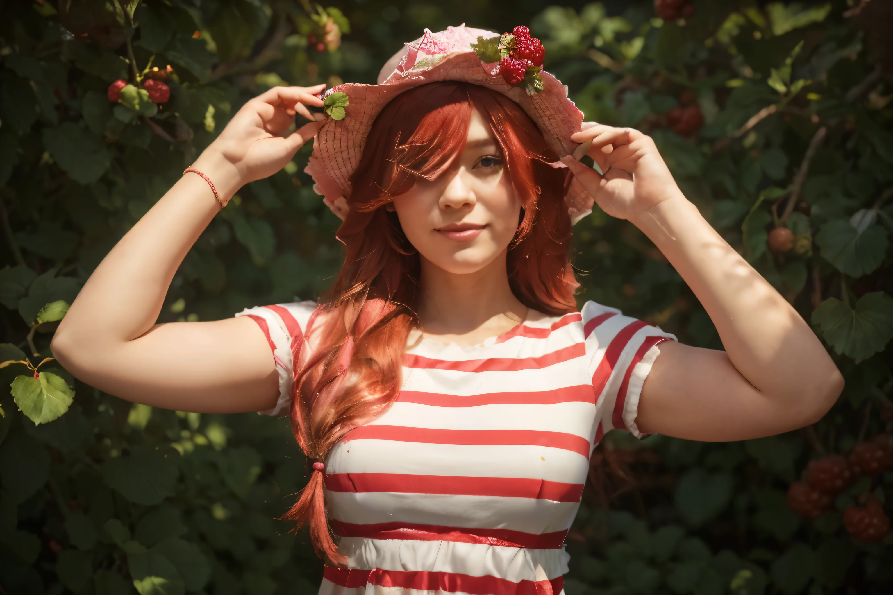 (Best quality, 8k, 32k, Masterpiece, UHD:1.2) "Transform the setting into Strawberryland from Strawberry Shortcake. The scene should be vibrant and colorful, with berry-themed houses and buildings. Include Strawberry Shortcake's Berry Bitty Café, Blueberry Muffin's Bookstore, Lemon Meringue's Hair Salon, Orange Blossom's General Store, Raspberry Torte's Fashion Boutique, Plum Pudding's Dance Studio, Huckleberry Pie’s Honey Hut, and Cherry Jam’s Music Studio. The landscape should be filled with lush green meadows, blooming flowers, and berry bushes. Add a bright blue sky with fluffy white clouds to enhance the cheerful and whimsical atmosphere of Strawberryland."