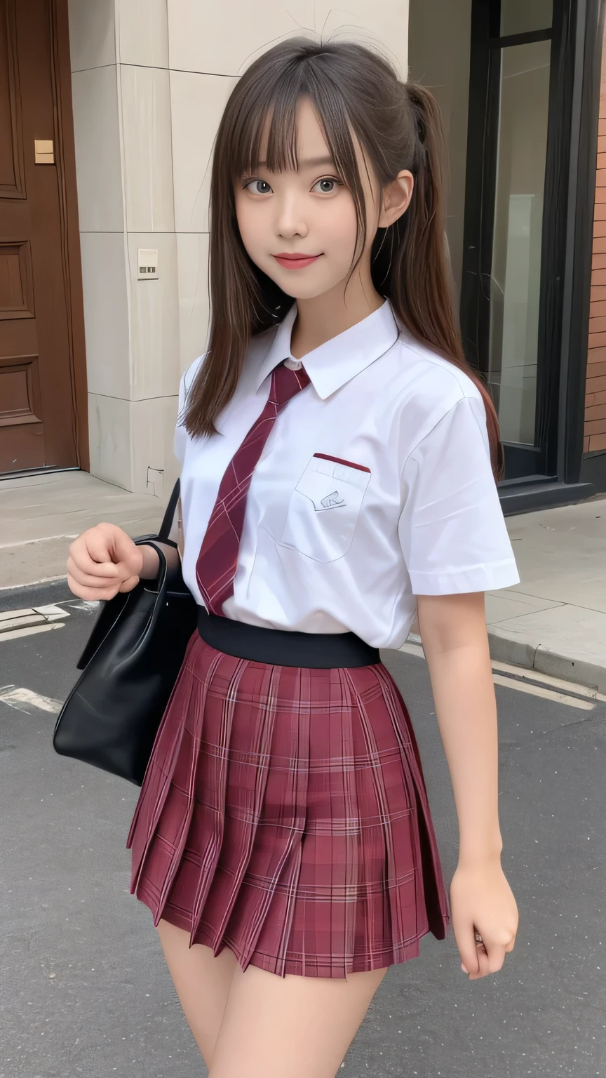 Tabletop, highest quality,  (beautiful girl:1.3), (16 years old:1.2), Very fine grain definition, (Symmetrical eyes:1.3), ((Browsing Caution)), (school uniform,  Cute Skirt:1.3), Beautiful breasts, Brown eyes, Parted bangs, Brown Hair, Upper teeth,Twin tail hairstyle,2 girls,