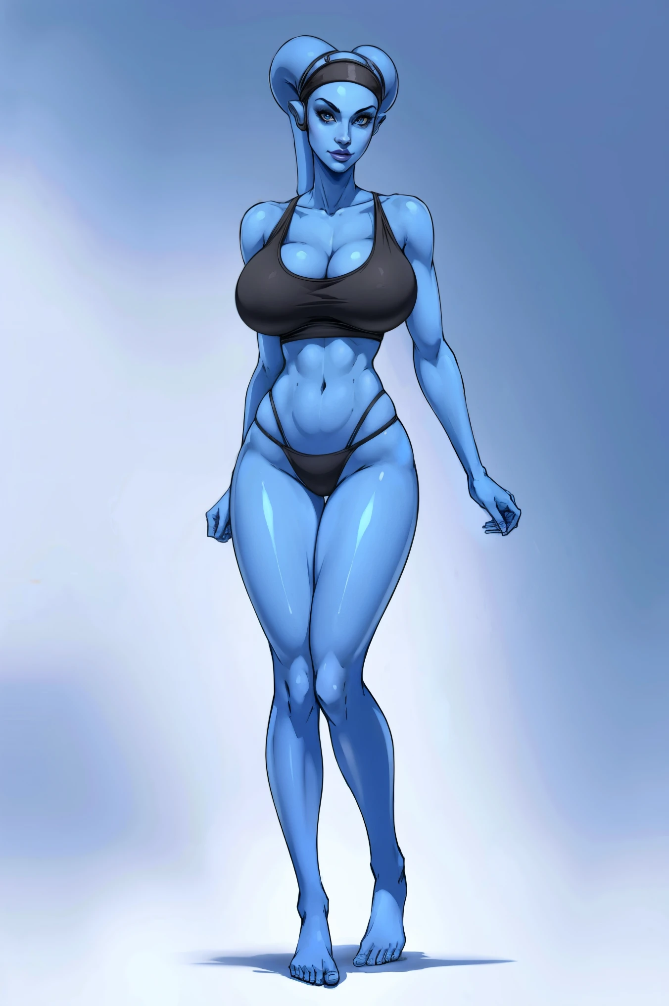 Tall, (thin), Blue Skin Twi'lek with (huge , round breastsng an oversized tank top, panties, huge , tall, gracefll), slim hips, small waist, full-body shot