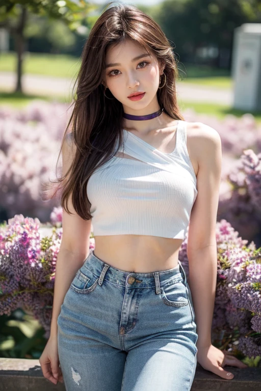 official art,All-in-one 8K wallpapers,very detailed,beautiful,Beautiful Japanese girl,FACIAL MIX OF PHOEBE CATES, Masterpiece,best quality,Full body image from the knees, Qi Chun in the Traditional Gods,Long Lilac Hair,be be busy,be busy),black stripe,purple white lolita,purple flowers,Cinema lights,abstract,Little clothes, wear short clothes, Low-rise jeans above the hips.,Showing off a small belly,upper body, ( big breasts, sexy, beautiful, A short crop top partially covers the breasts...,open shoulder,perfect body: 1.3),choker,diamond necklace, Strong body with tight muscles, Abdominal muscles, Big hips with tight muscles. see the muscle groove