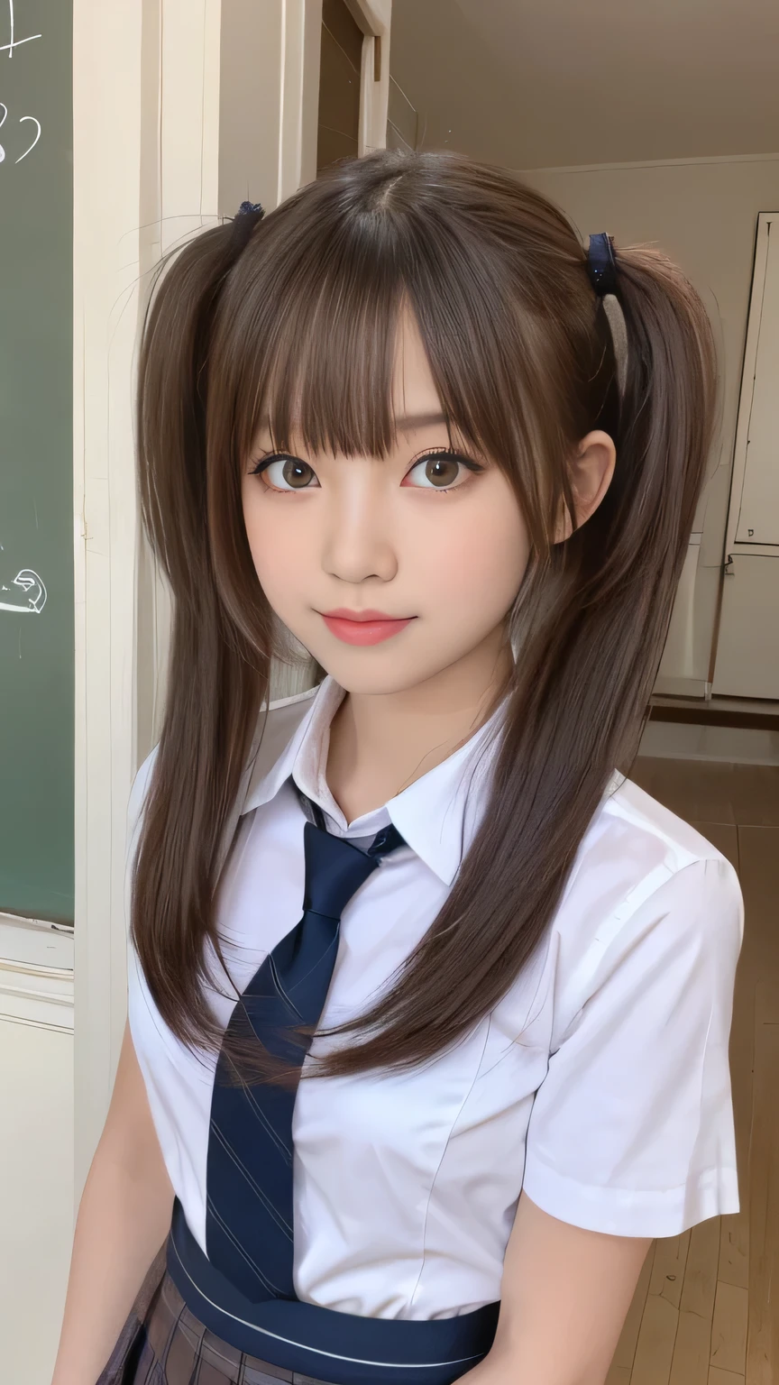 Tabletop, highest quality, (beautiful girl:1.3), (16 years old:1.2), Very fine grain definition, (Symmetrical eyes:1.3), ((Browsing Caution)), (school uniform, Cute Skirt:1.3), Beautiful breasts, Brown eyes, Parted bangs, Brown Hair, Upper teeth,Twin tail hairstyle,2 girls,