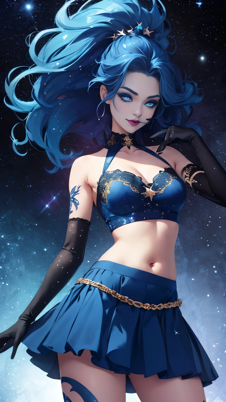 (Highly quality, masterpiece, detailed), Deep Space detailed scenario, Deep space detailed background, 20 years old girl, solo, smile, singularity, dark blue hair, glitter hair, celestial clothes, glowing, glowing eyes, makeup, dark blue makeup, glitter makeup, blue eyes, long hair, Star on the girls body, dark blue top, midriff, sleeves, gloves, Belly tattoos, blue tattoos, crop top, cleavage, glitter clothes, belly ring, Dark blue skirt, dark blue lips, Abdomen, Navel, beautiful eyes, perfect eyes, looking at the viewer, Sexy pose