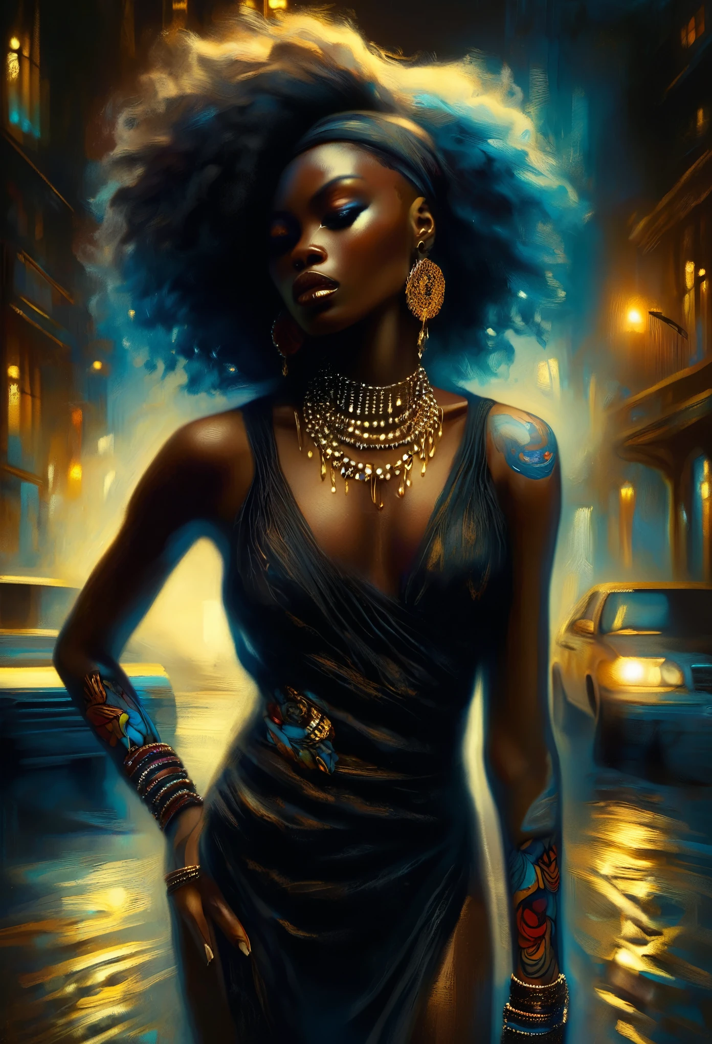 4D portrait of a full body image of a Black woman dressed in African designed clothes with neon lit glowing red and blue tattoos, with tattoos lighting the scene, a yellow fog atmosphere in the scene, dim lit scene with only the tattoos shining in the scene, In the background of the city, Oil Painting, 3/4 Profile view, gorgeous African designed pearl necklace, Luxurious fabrics, detailed embroidery, Moody chiaroscuro lighting, hight resolution