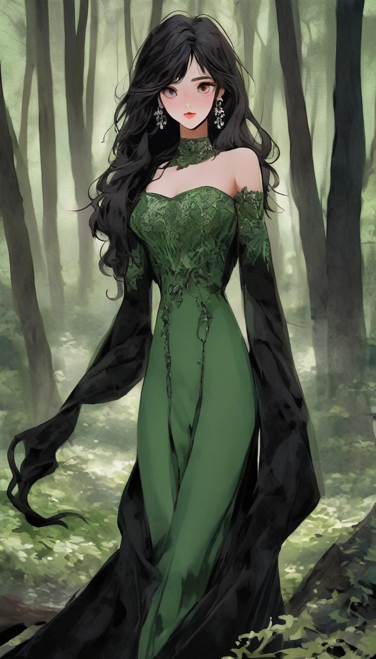 Chica
Ojos verdes
Pelo oscura negro largo
Piel de porcelana
Vestido blanco delicado de una piesa de ceda
Descalza
En un bosque
Cuerpo entero,
mirada tranquila
Sonriente
Anine