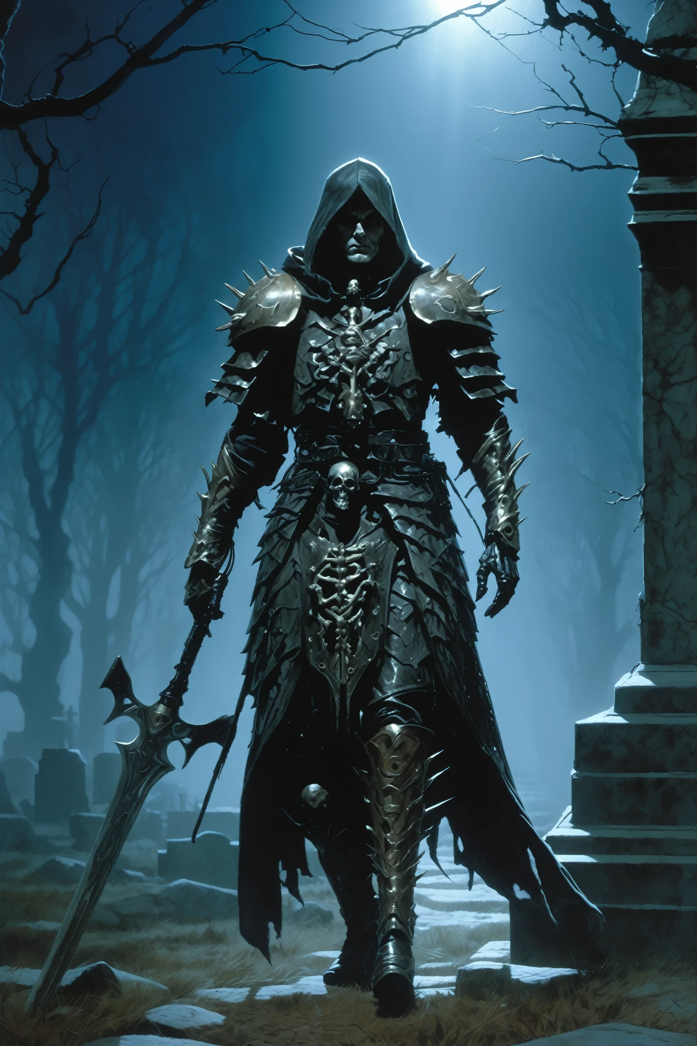 Cinematic shot of a necromancer , wearing  bone armor, bone spikes, walking through a graveyard
shadow
dramatic light (night, aurora:1.1), oblique light, Transparent of light detailed background, items, masterpiece, best quality, , absurdres, (intricate details, hyperdetailed, full body, perspective from below), good anatomy
(art by  Gabriele
Dell'otto Alex Maleev)