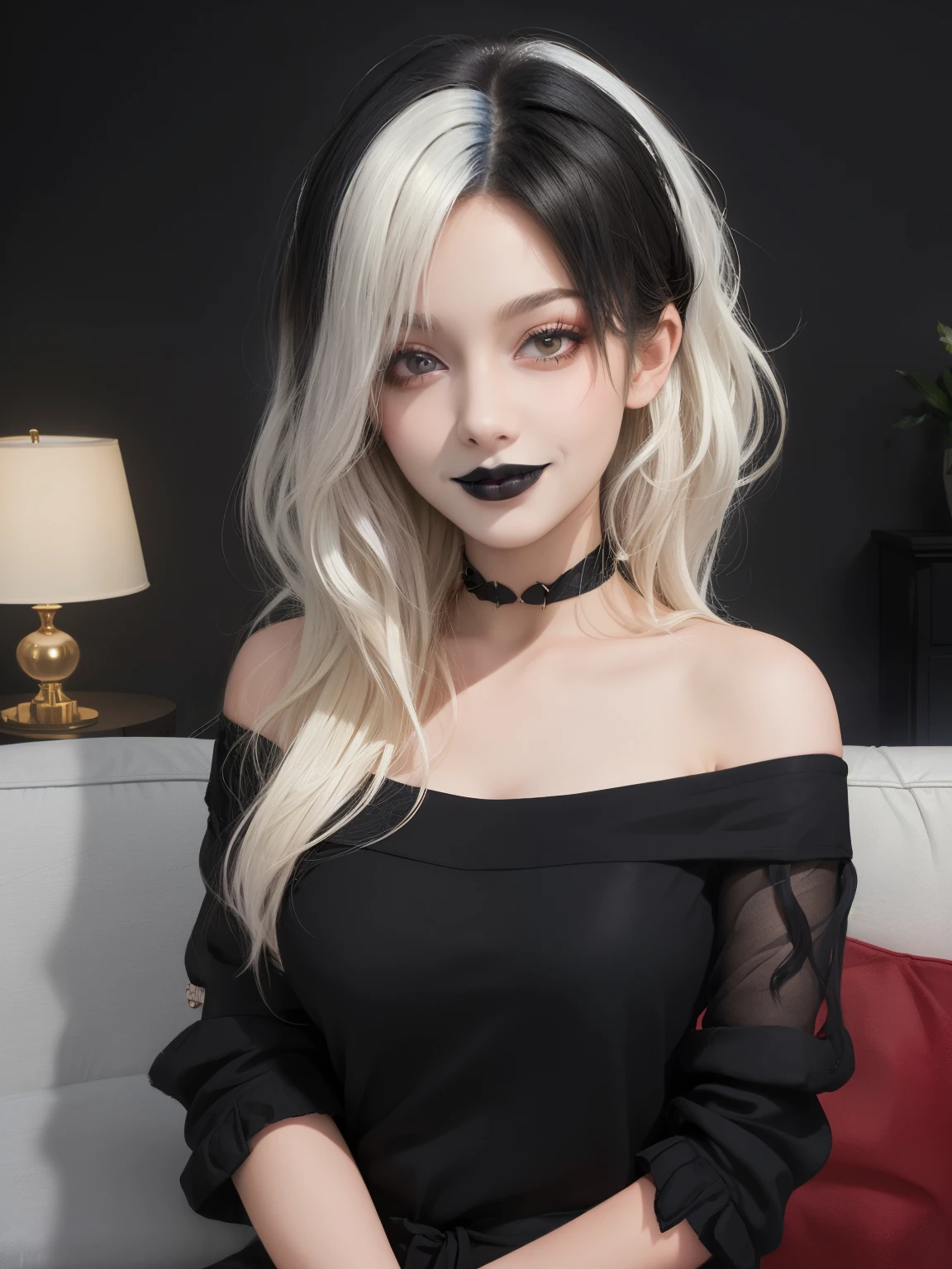 masterpiece, adult, indoors, living room, woman with black to white ombre hair, long hair, looking at viewer, messy hair, bedhead, bedhair, dark lighting, goth, black lipstick, shirt, skinny, smile