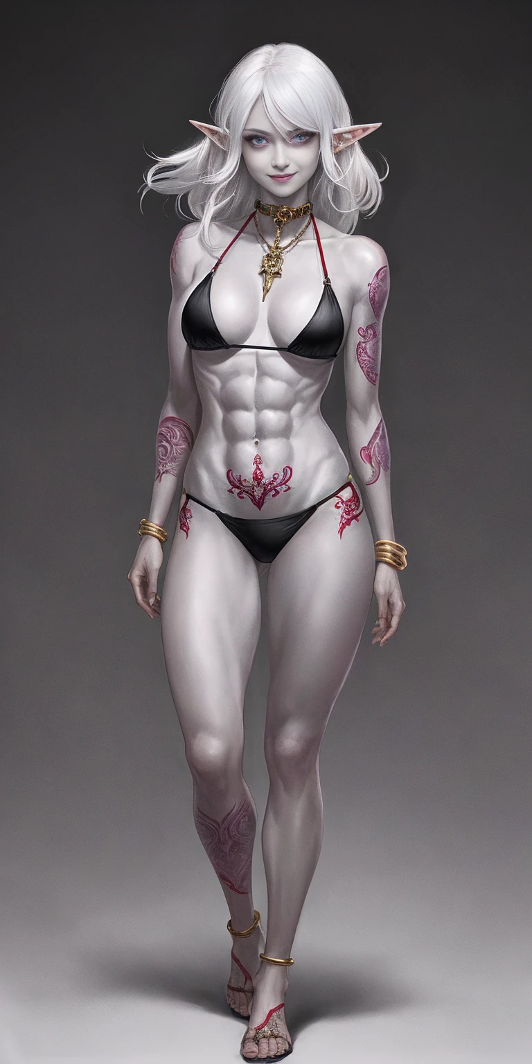 ((1girl)) full body, standing, grey skin, drow, elf, mature, detailed happy face, purple eyes, white hair, black bikini, abs, big knockers, golden chain collar, stomach tattoo (red tattoo)