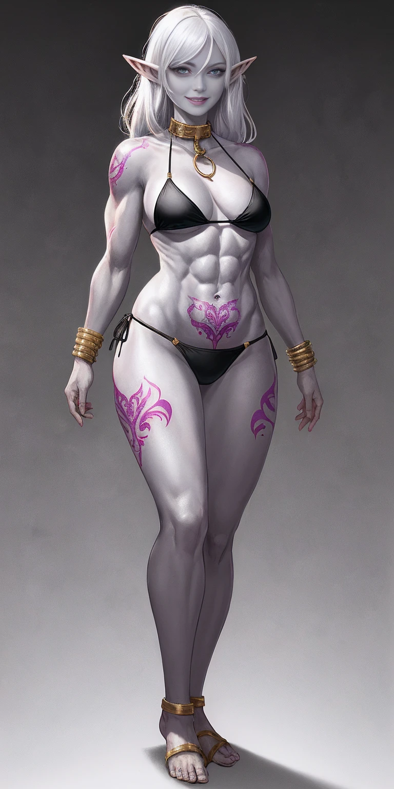 ((1girl)) full body, standing, grey skin, drow, elf, mature, detailed happy face, purple eyes, white hair, black bikini, abs, big knockers, golden chain collar, stomach tattoo (red tattoo)