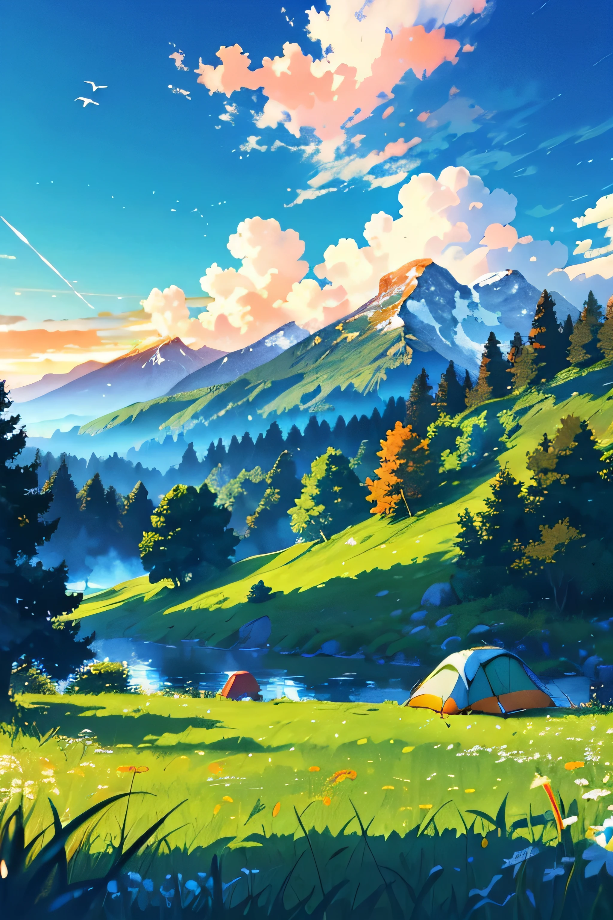 Green meadows, camping, an orange tent, beautiful scenery in the distance, blue sky and white clouds, characters picnic , in meadow, small hills, deers, small birds