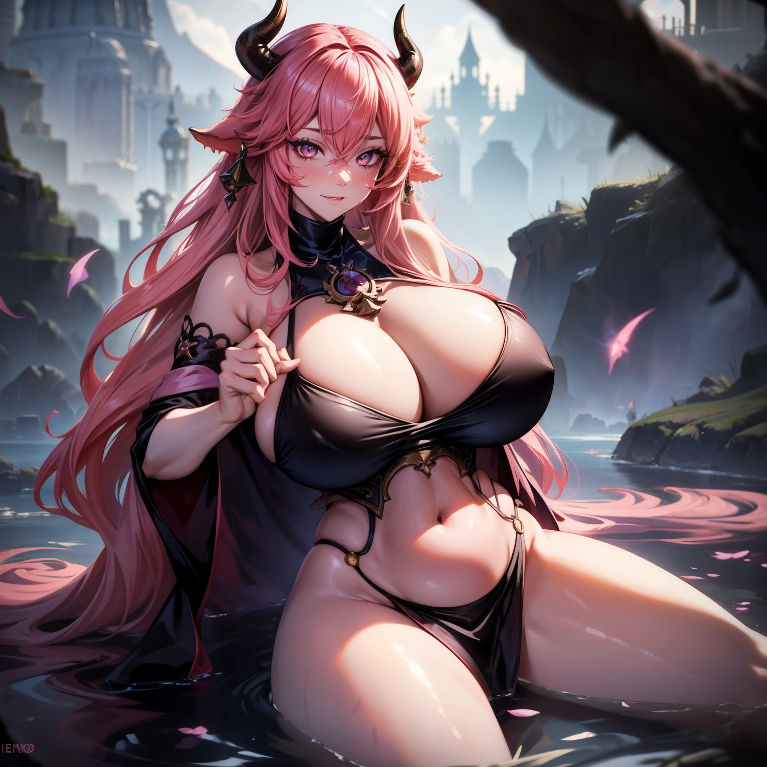 A female demon milf with black demon horn with wet dress, transparent dress getting wet, visible belly button, visible belly, ((demon horn)), extremely long pink rapunzel hair, ((Rapunzel pink hair)), white eyes of the devil., ((white eyes)), voluminous body with huge breasts and bust, ((huge breast and bust)), Magnificent beautiful bright cathedral, wicked and empty look, no shine in the eyes, looking at the viewer, prominently on your legs and breasts;, highlighting breasts and hair, sexy pose, sexualized pose, realistic breast grip, sysie high definition details, photography, insight, Unique 850 4, Koda850 k portrait camera, Spring F1.6 , rich colors, super realistic texture, spectacular light texture, surreal art, Cinestil 800 fashion mechanism