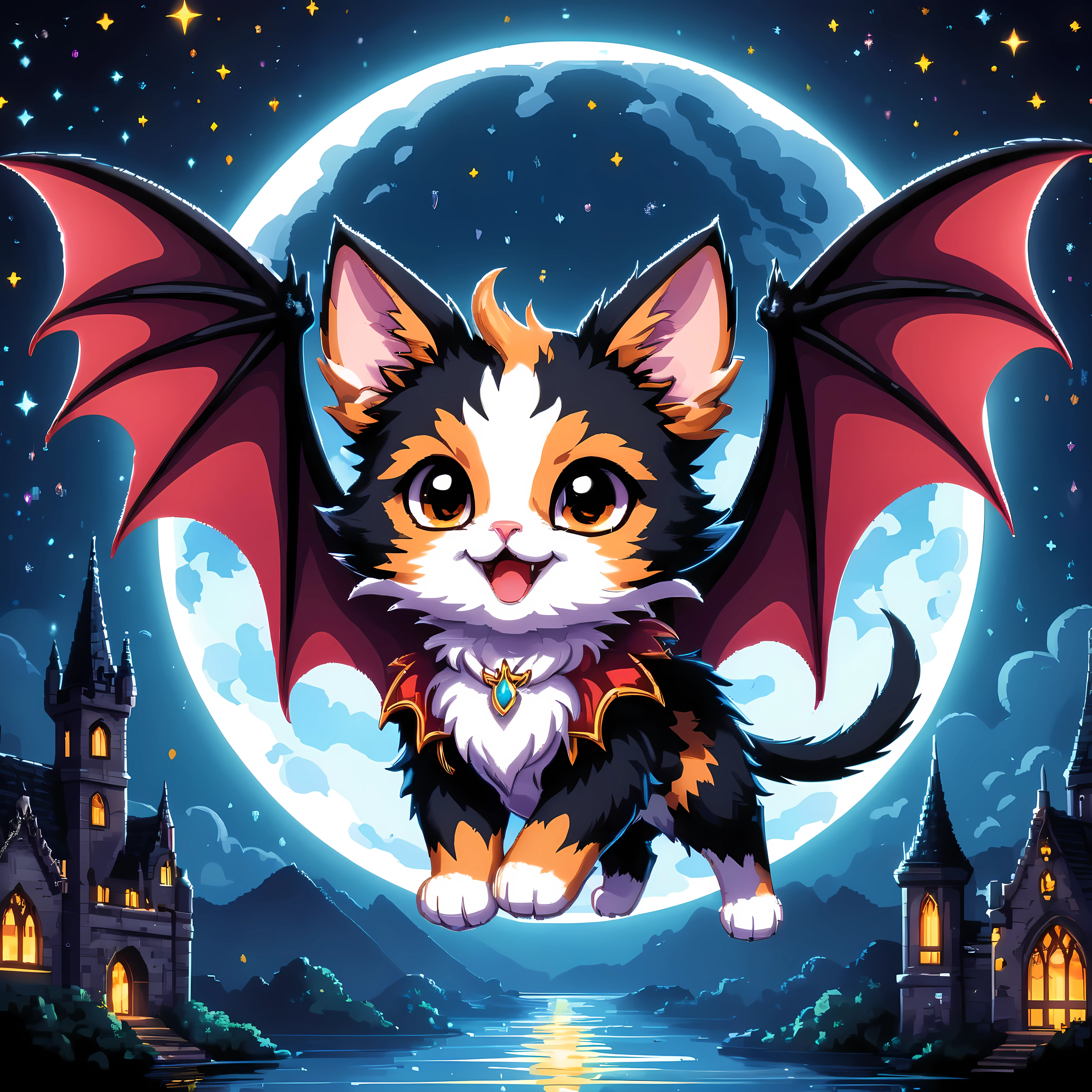 Bright epic professional (cute cartoon pixel illustration:1.2), (masterpiece in maximum 16K resolution, superb quality, ultra detailed:1.3), close-up of a calico vampire kitten with wide ornate bat wings ((floating in the mid-air)) amidst the silhouetted Gothic world of black at night, sparkles.