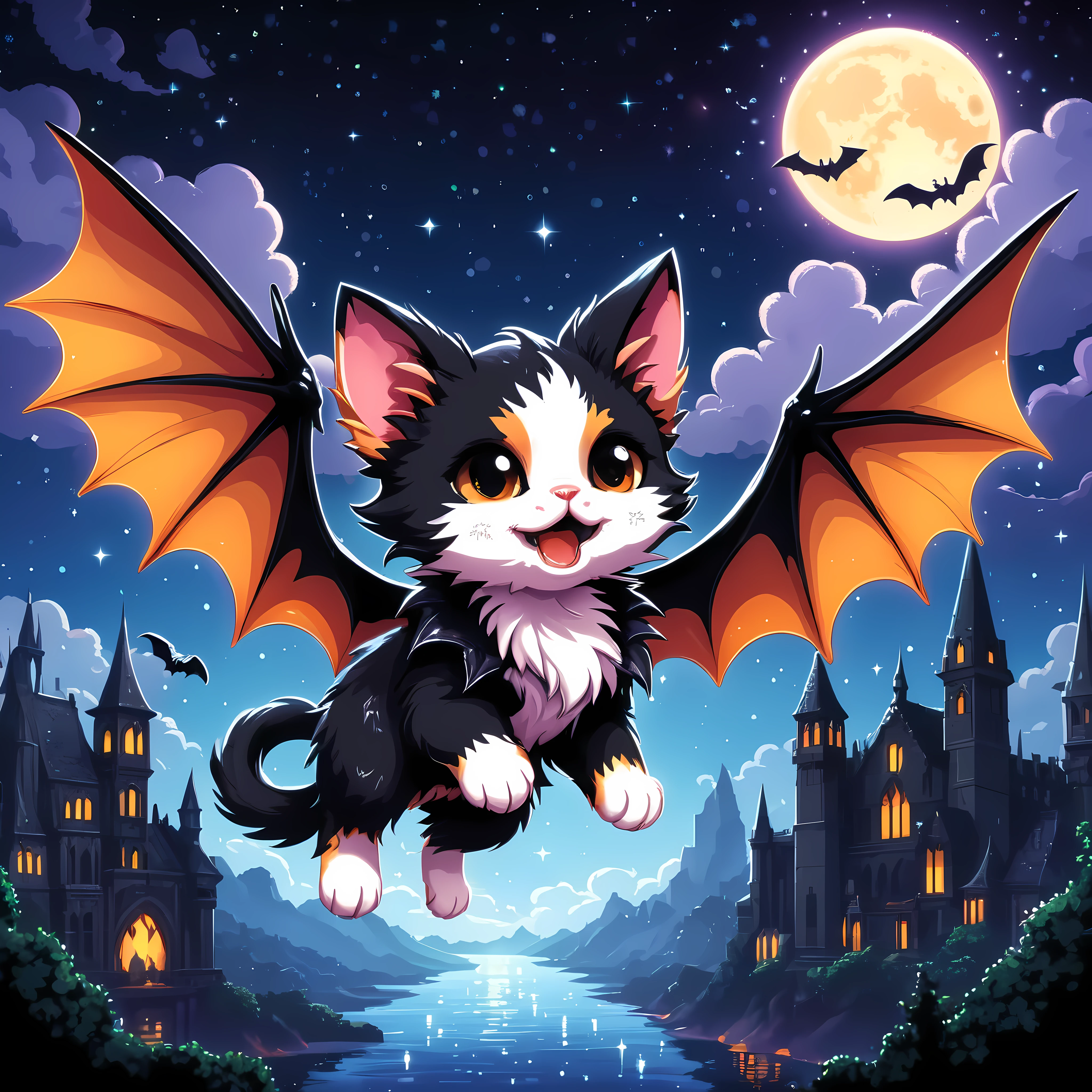 Bright epic professional (cute cartoon pixel illustration:1.2), (masterpiece in maximum 16K resolution, superb quality, ultra detailed:1.3), close-up of a calico vampire kitten with wide ornate bat wings ((floating in the mid-air)) amidst the silhouetted Gothic world of black at night, sparkles.