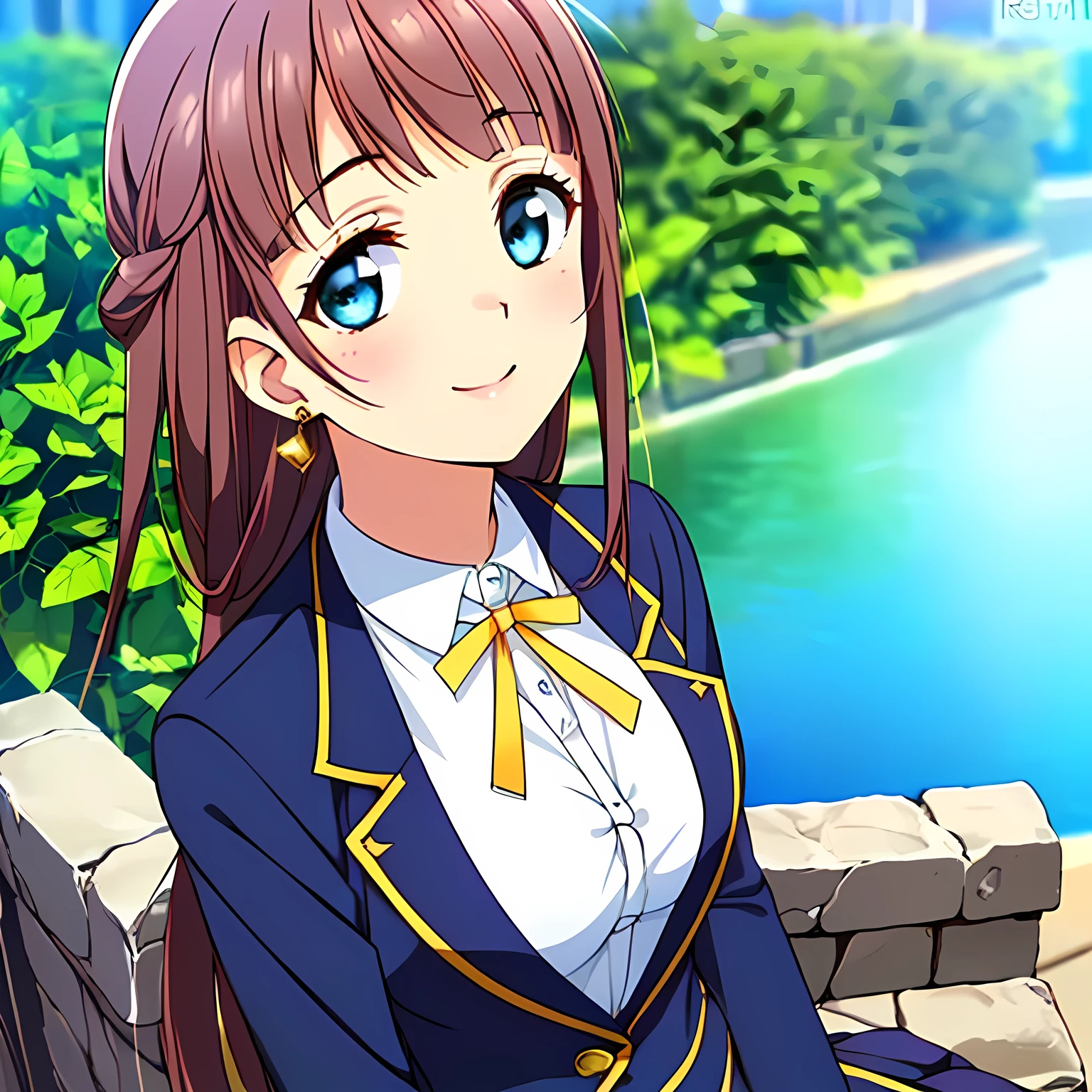 highest quality, (masterpiece:1.2), Very detailed, (((Game CG))), ((((Like the very noble aristocratic lady depicted by Renoir１Side portrait of a beautiful girl sitting)))), ((The girl everyone loves)), ((((Very beautiful, wavy, long flaxen hair)))), ((((Navy blue blazer)))), (((Dark navy blue checked skirt))), ((((Very beautiful and shining eyes)))), ((Very long eyelashes)), A big white ribbon on the chest, ((A refined and elegant look like a noble princess)), (((Beautiful and great smile))), Small face and great posture, ((Give the viewer a heavenly feeling of happiness)), (((Blur the background))), ((Very noble and elegant face)), ((Slender and shapely breasts)), (((Looking into the distance))), The background is a wall covered in deep green ivy., Gold hair ornament and earrings