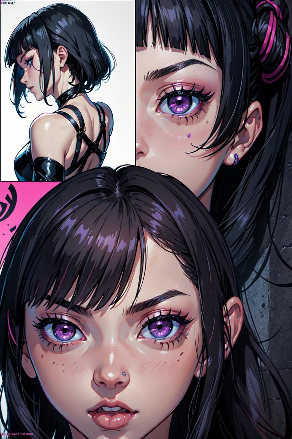 (Magazine Poster: 1.1) Beautiful Face, ultra realistic face, ahegao face, high detail face, provocative look, juri hair, night, black wall, dark background, behind view