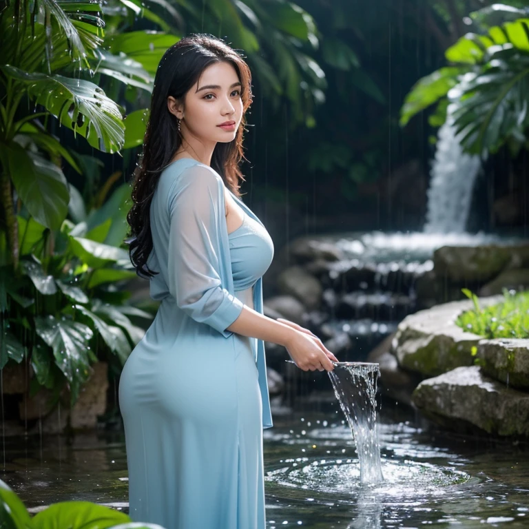Arabic Woman walking in summer rain, ((in city park)), ((fully clothed)),, ((rain)), long blue summer dress, light grey cardigan, ((blue dress)), bracelets, jewelry, beads, closeup fantasy with water magic, housewife, overcast, humid, tropical, summery palette, playful, gentle smile, clothes made of water, photorealistic, dripping wet, beautiful realistic photo, hyperrealistic fantasy photo, close up, narrow depth of field, 8k, ((drenched)), ((soaked)), (dripping water), dripping oil, heavy clothes, soaked in oil, medium breasts, lawn, wet all over, wet dripping hair, huge breasts, curvy,
varied poses, emphasize round ass,producing round ass,