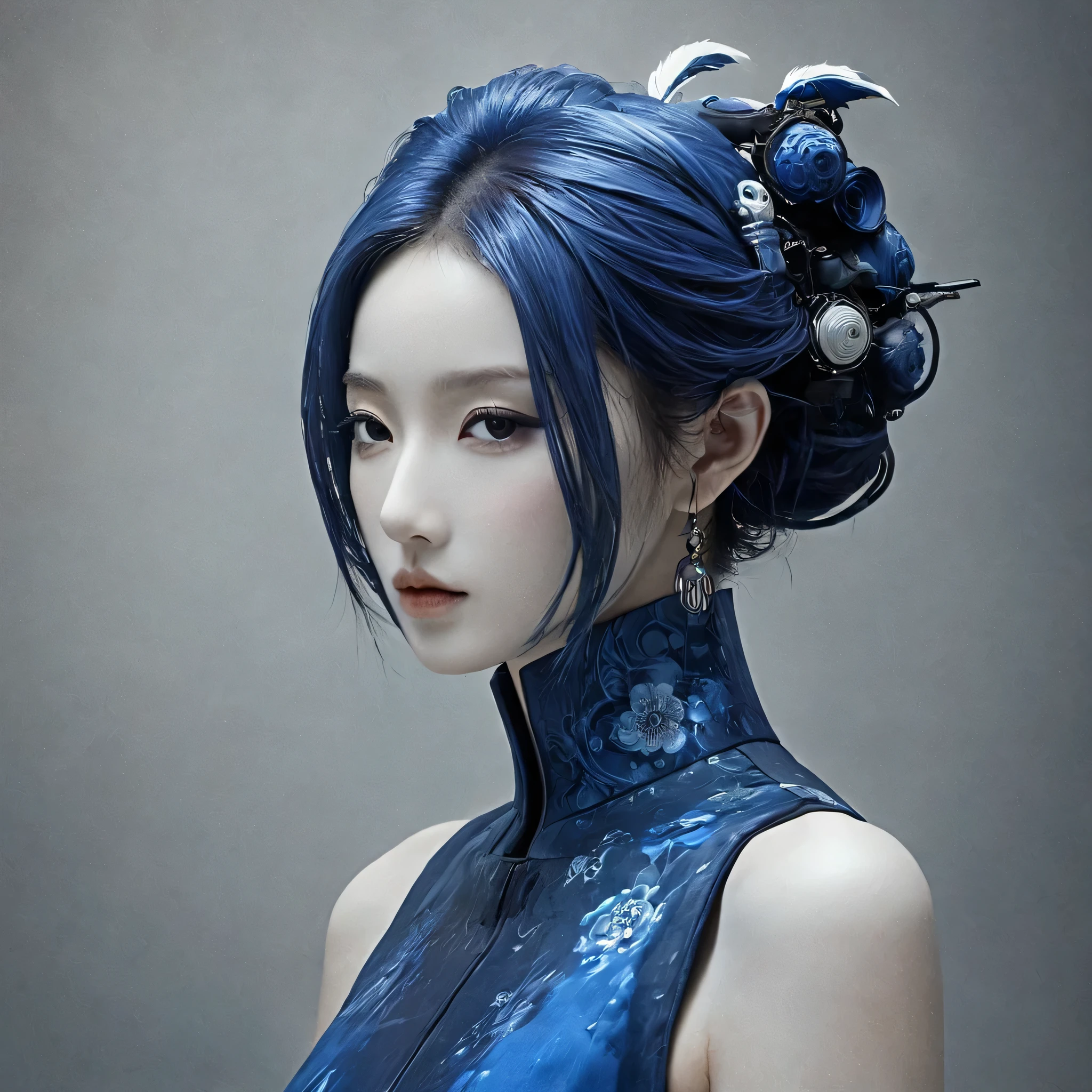 Arafed image of a person wearing indigo-dyed clothing, Very beautiful cyberpunk geisha, gothic - cyberpunk, Orthodox cyberpunk, Rococo Cyberpunk, ornamental gothic - cyberpunk, Gorgeous cosplay, occult cyberpunk, Mysterious Post-Apocalyptic Cyborg, Steampunk Angel, Ultra-detailed fantasy characters, Steampunk aesthetics, Steampunk fantasy style, japanese gothic, Hypergoth, Beautiful female geisha,Full Body
