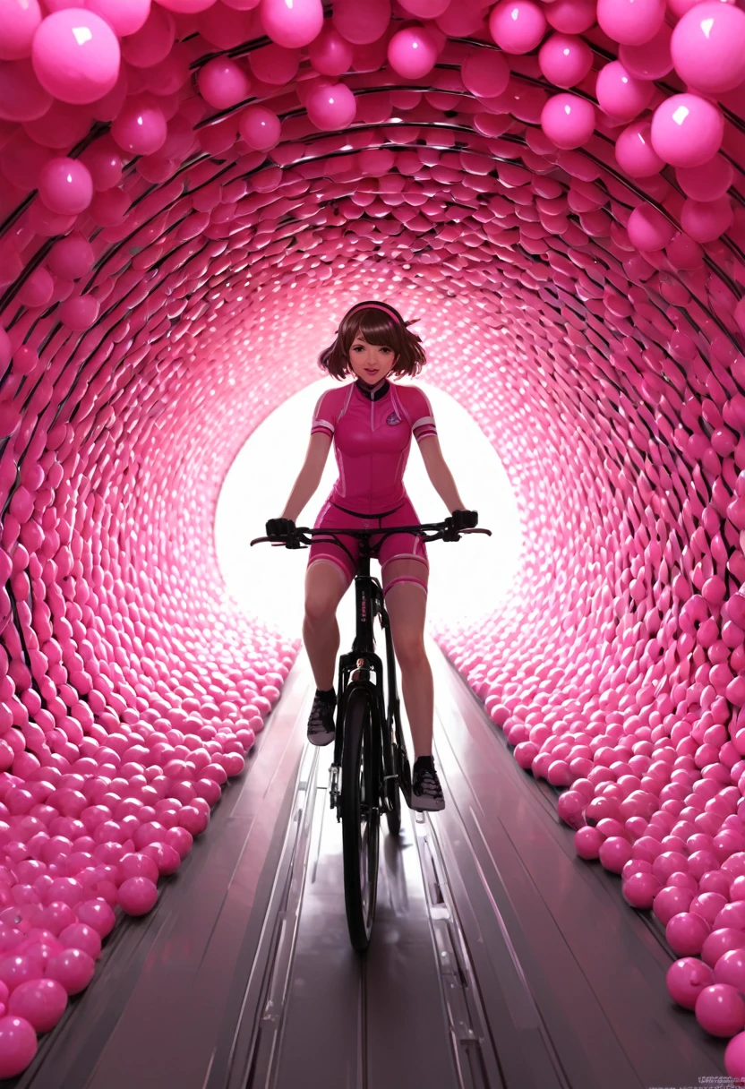 a woman riding a bike through a tunnel of pink balls, pixiv contest winner, cottagecore!! fitness body, chiaki nanami from danganronpa, ilya kuvshinov style, fullbody commission for
