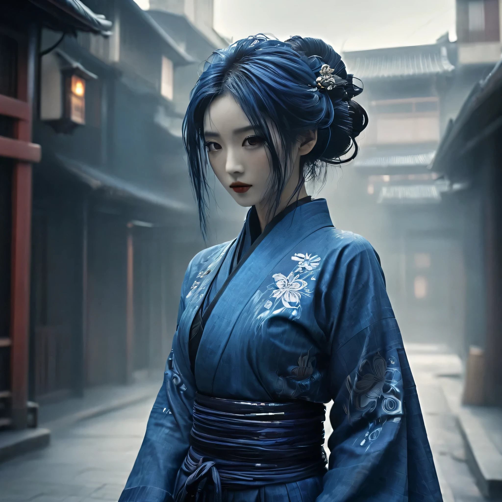 Arafed image of a person wearing indigo-dyed clothing, Very beautiful cyberpunk geisha, gothic - cyberpunk, Orthodox cyberpunk, Rococo Cyberpunk, ornamental gothic - cyberpunk, Gorgeous cosplay, occult cyberpunk, Mysterious Post-Apocalyptic Cyborg, Steampunk Angel, Ultra-detailed fantasy characters, Steampunk aesthetics, Steampunk fantasy style, japanese gothic, Hypergoth, Beautiful female geisha,Full Body