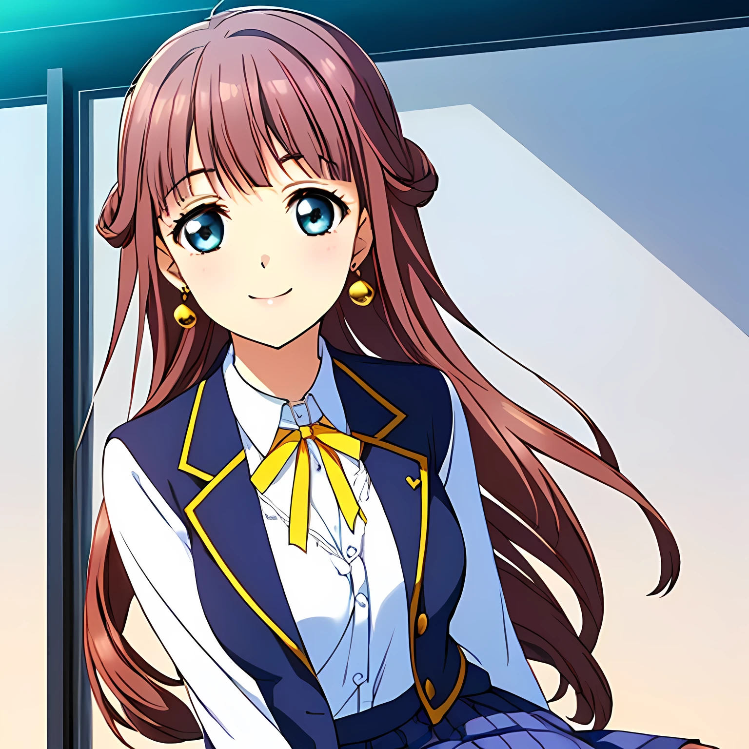 highest quality, (masterpiece:1.2), Very detailed, (((Game CG))), ((((Like the very noble aristocratic lady depicted by Renoir１Side portrait of a beautiful girl sitting)))), ((The girl everyone loves)), ((((Very beautiful, wavy, long flaxen hair)))), ((((Navy blue blazer)))), (((Dark navy blue checked skirt))), ((((Very beautiful and shining eyes)))), ((Very long eyelashes)), A big white ribbon on the chest, ((A refined and elegant look like a noble princess)), (((Beautiful and great smile))), Small face and great posture, ((Give the viewer a heavenly feeling of happiness)), (((Blur the background))), ((Very noble and elegant face)), ((Slender and shapely breasts)), (((Looking into the distance))), The background is a wall covered in deep green ivy., Gold hair ornament and earrings